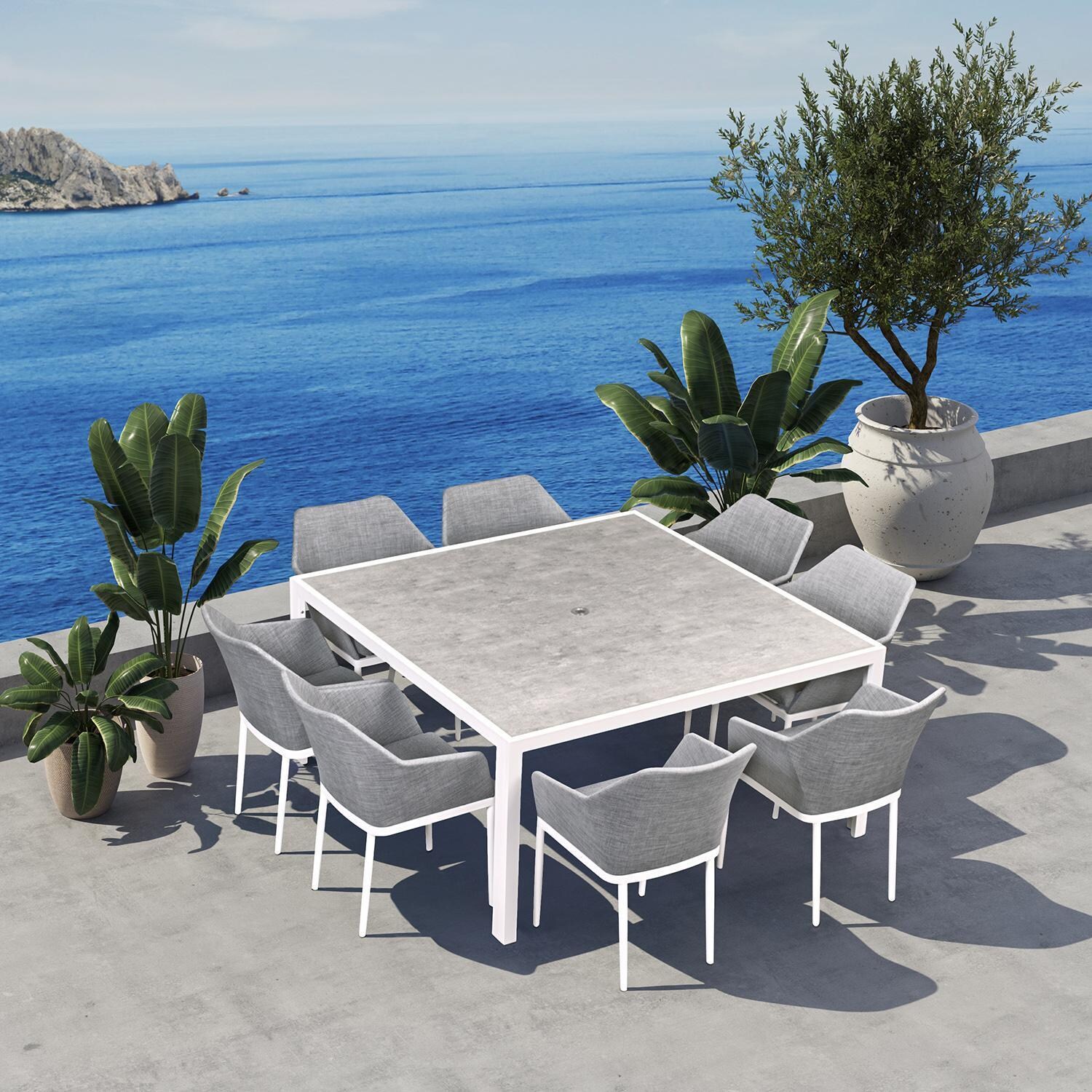 Starlook Bay 9 Pc Aluminum Square Dining Set in Slate by Lakeview - By The Water (Shown in White) - Lifestyle thumbnail