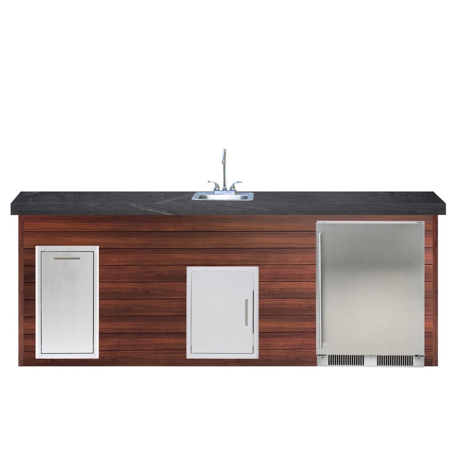 BBQGuys Signature 8ft Luxury Outdoor Island W/ Blaze Outdoor Rated Refrigerator & Summerset 15-Inch Sink - Dark National Walnut Aluminum W/ Black Polished Granite thumbnail