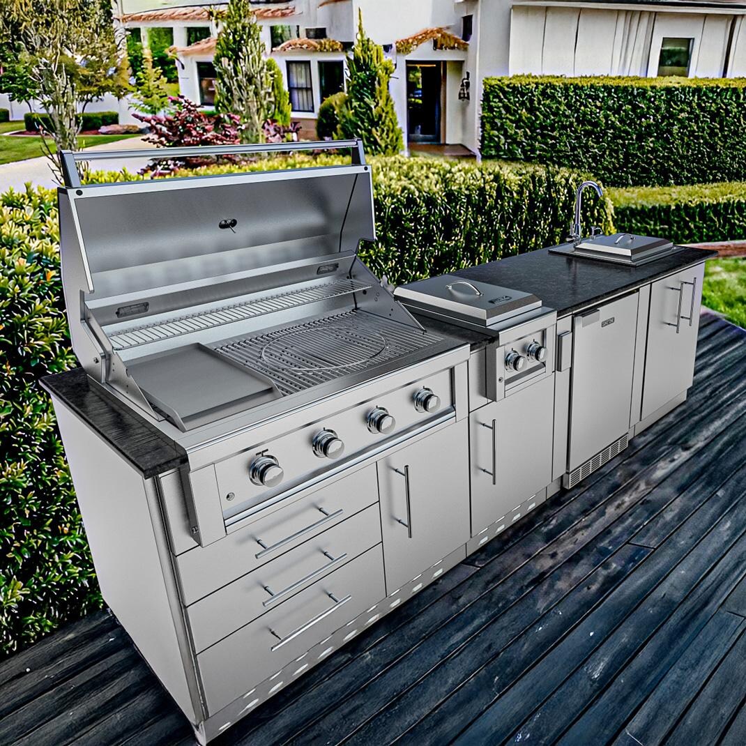 Sunstone Grills SCPHOUSTON9.8-NG Houston 9 1/2 Ft Outdoor Kitchen Island w/ Natural Gas Grill & Side Burner, Sink, Refrigerator, Door & Drawer - On Patio - Lifestyle thumbnail