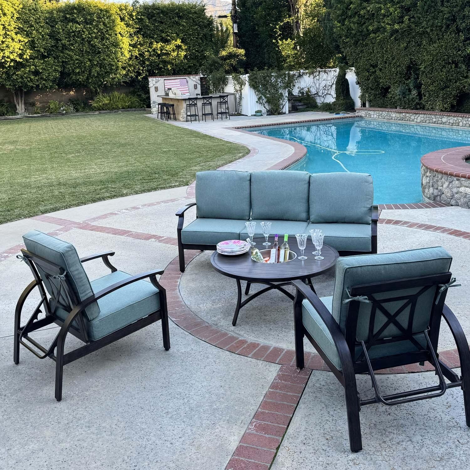 Atlantis 4 Pc Aluminum Seating Set w/ Round Ice Bucket Chat Table in Walnut/Spa by Darlee - Lifestyle thumbnail