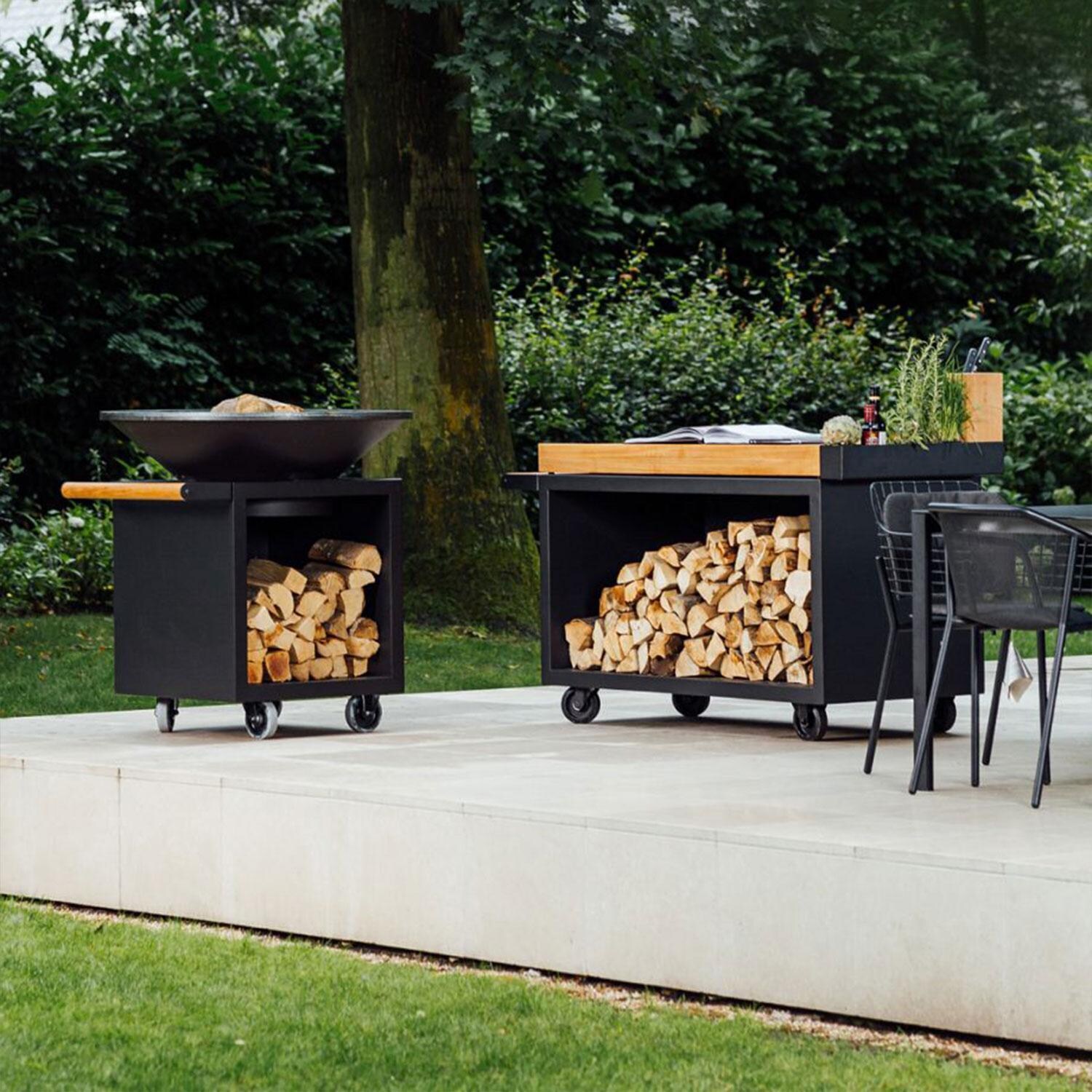 OFYR MP-B-135-PRO-TW Mise en Place Black 135 PRO Teak Wood 65 Inch Food Prep Station - Back Patio - Styled w/ Flat Top Grill (Sold Separately) - Lifestyle thumbnail