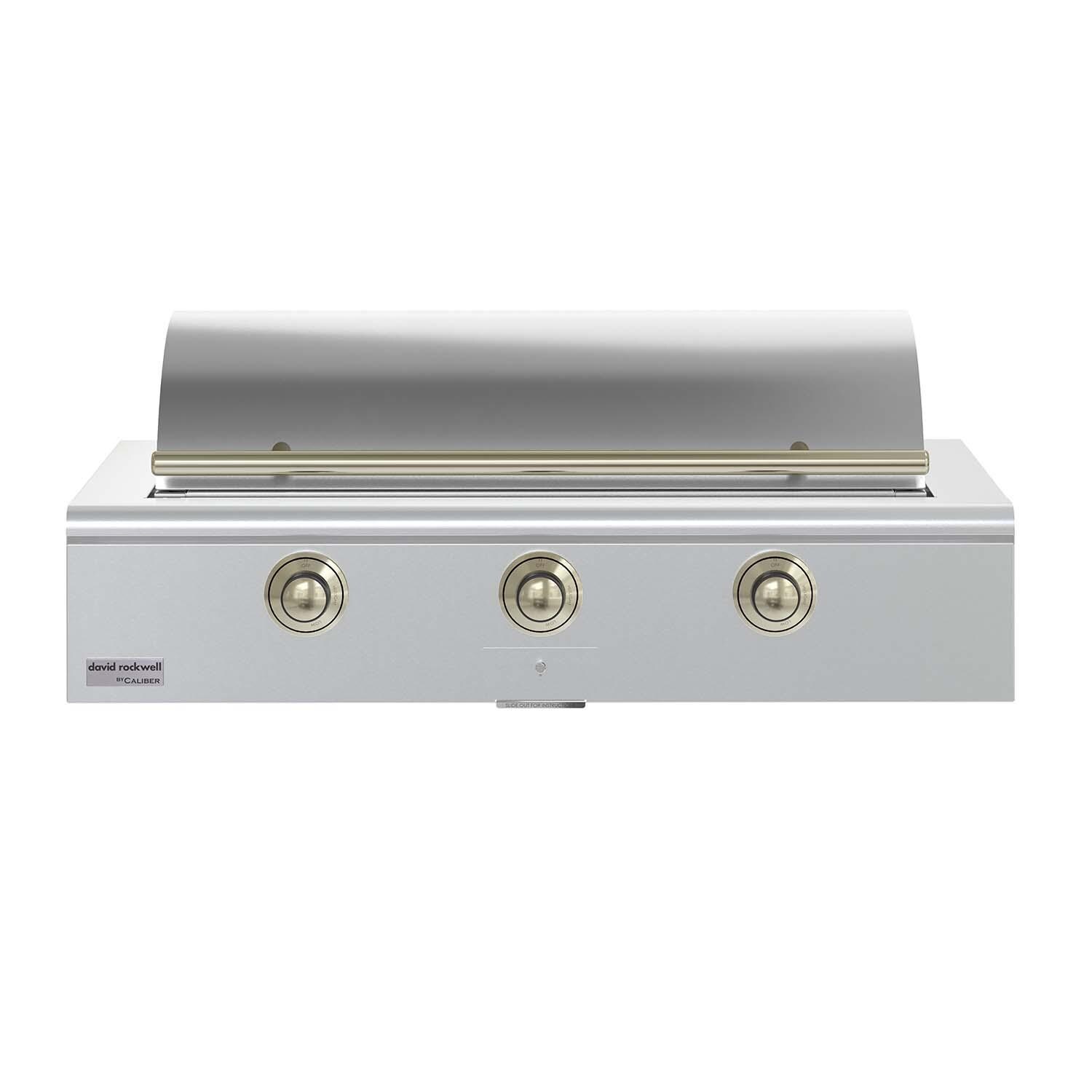 Caliber CRG-48BN00-A-H01 48-in Natural Gas Built-In Rockwell Grill - Brass Hardware - Lid Closed - White Background thumbnail