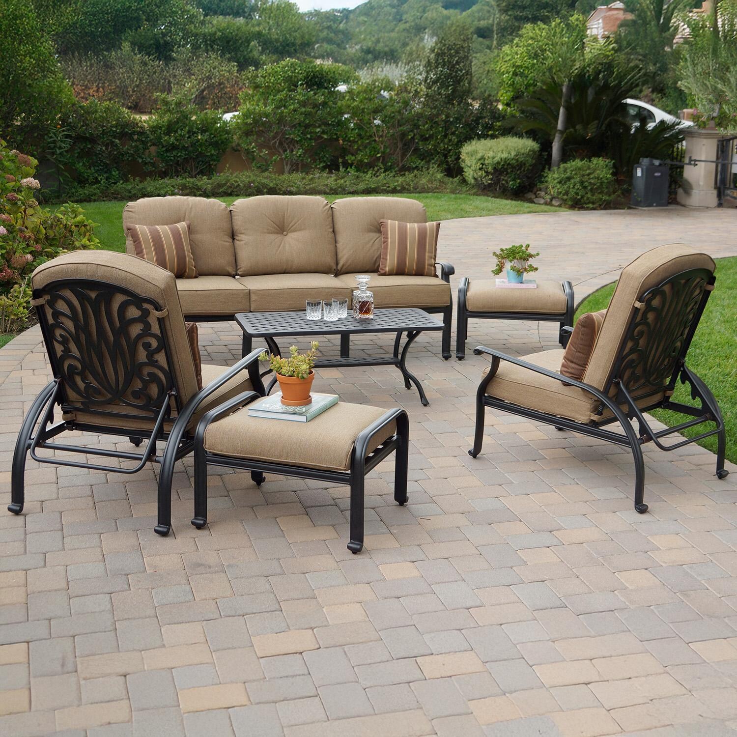 Elisabeth 6 Pc Cast Aluminum Seating Set w/ Series 30 Coffee Table in Antique Bronze by Darlee - Lifestyle thumbnail