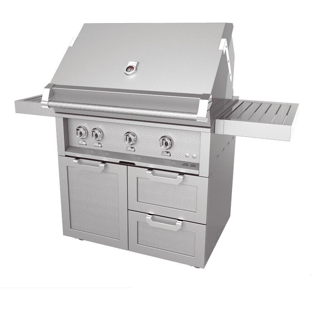 Hestan 36-Inch Freestanding Gas Grill With Rotisserie On Double Drawer And Door Tower Cart - Angled View thumbnail