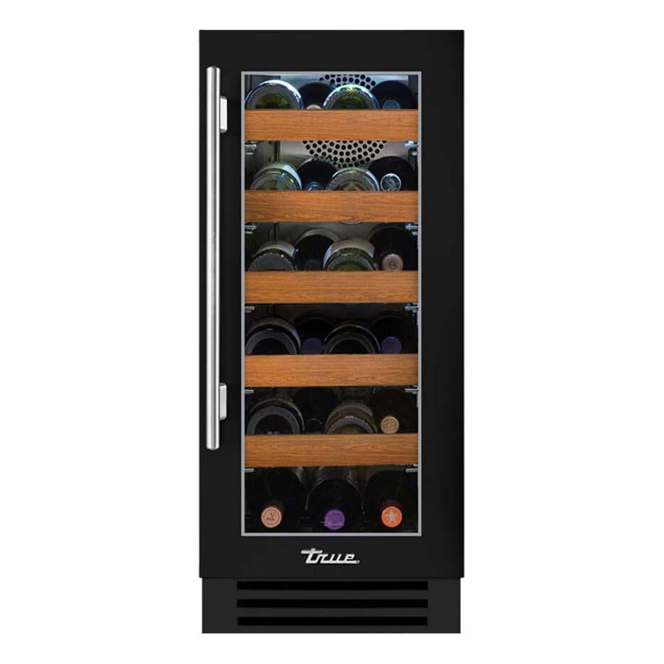True TWC-15-R-OG-C~DSK-027-H04 15 Inch 23 Bottle Right Hinge Glass Door Outdoor Outdoor Wine Cabinet - Matte Black w/ Stainless Steel Handle - White Background thumbnail
