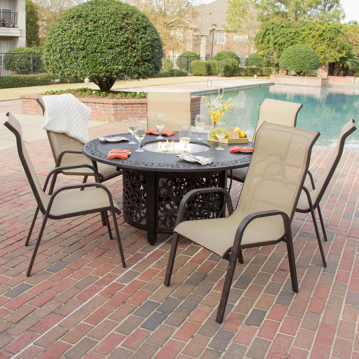 Madison Bay 7 Piece Sling Patio Dining Set With Fire Pit ... (1496 x 1496 Pixel)