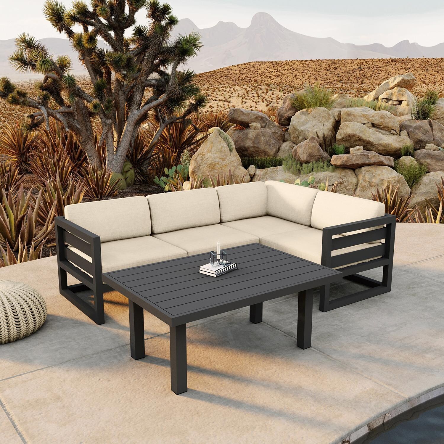 Misty Cove 5 Pc Aluminum Seating Set w/ Sectional & Classic Chat Table in Slate/Canvas Flax by Lakeview Outdoor Designs