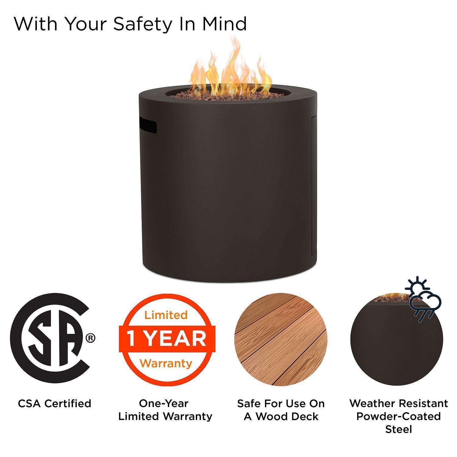 Elysian 24-in Round Steel Propane Fire Pit Table w/ Hidden Tank in Dark Bronze by Lakeview Outdoor Designs - Safety - Detail thumbnail