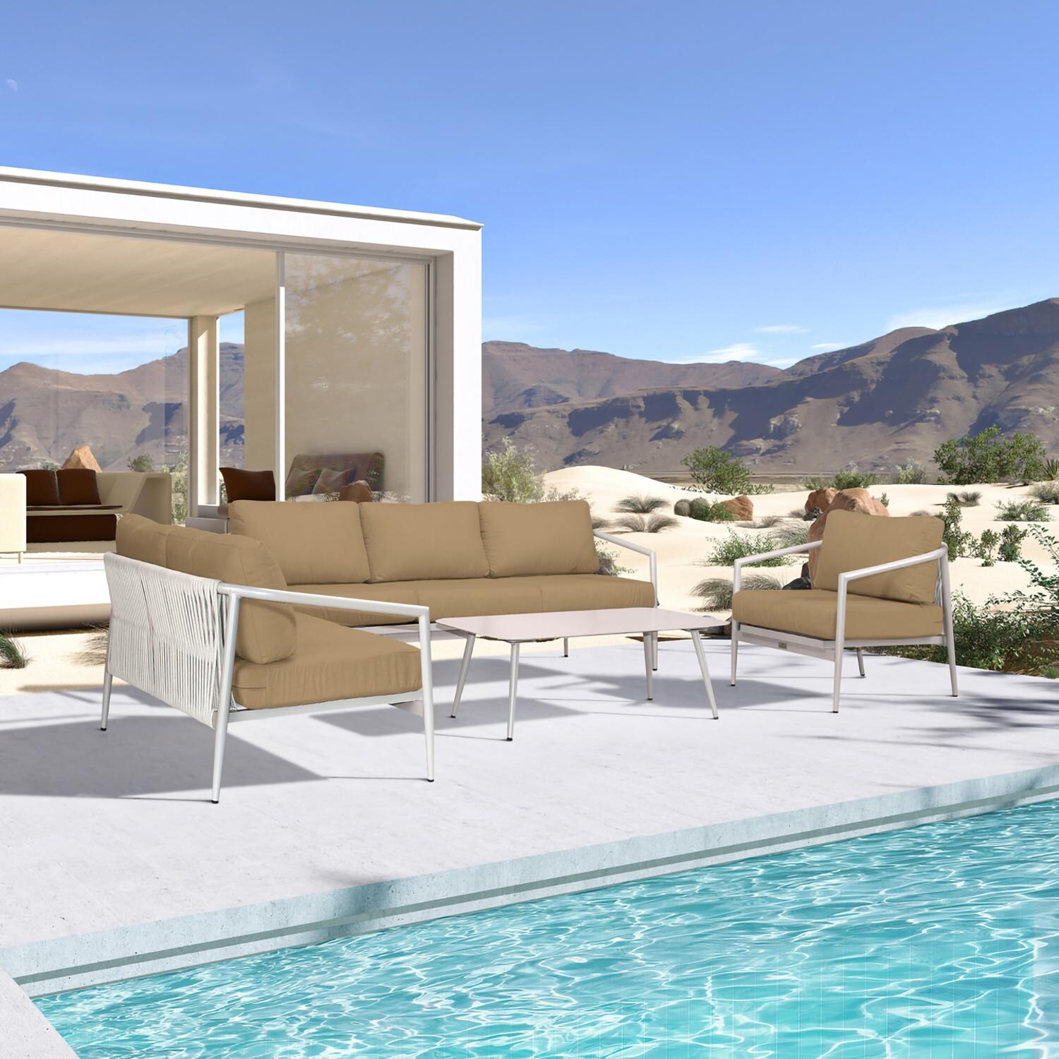 Lakeview Midnight Cove 4 Pc Aluminum Sofa Loveseat Seating Set in Urban Stone/Carrera/Heather Beige - Angled - Lifestyle thumbnail