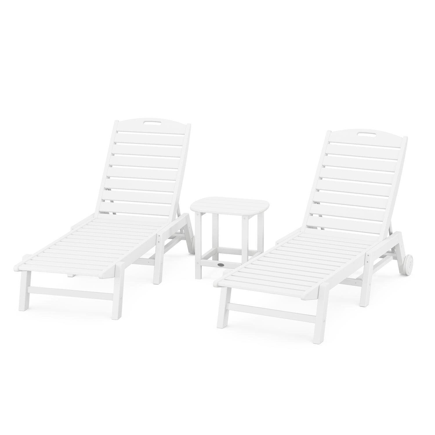 POLYWOOD Nautical 3-Piece Chaise Lounge W/Wheels Set W/South Beach 18 Inch Side Table - White thumbnail