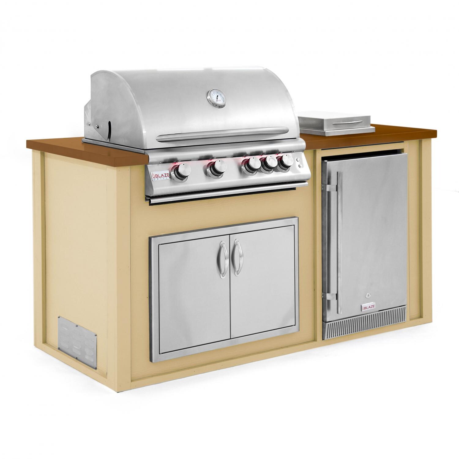 BBQGuys.com 6 Ft BBQ Island With Blaze 32-Inch Propane Gas Grill, Double Access Door, Outdoor-Rated Compact Refrigerator & Side Burner - Cork Wedge/Tan - Angled View thumbnail