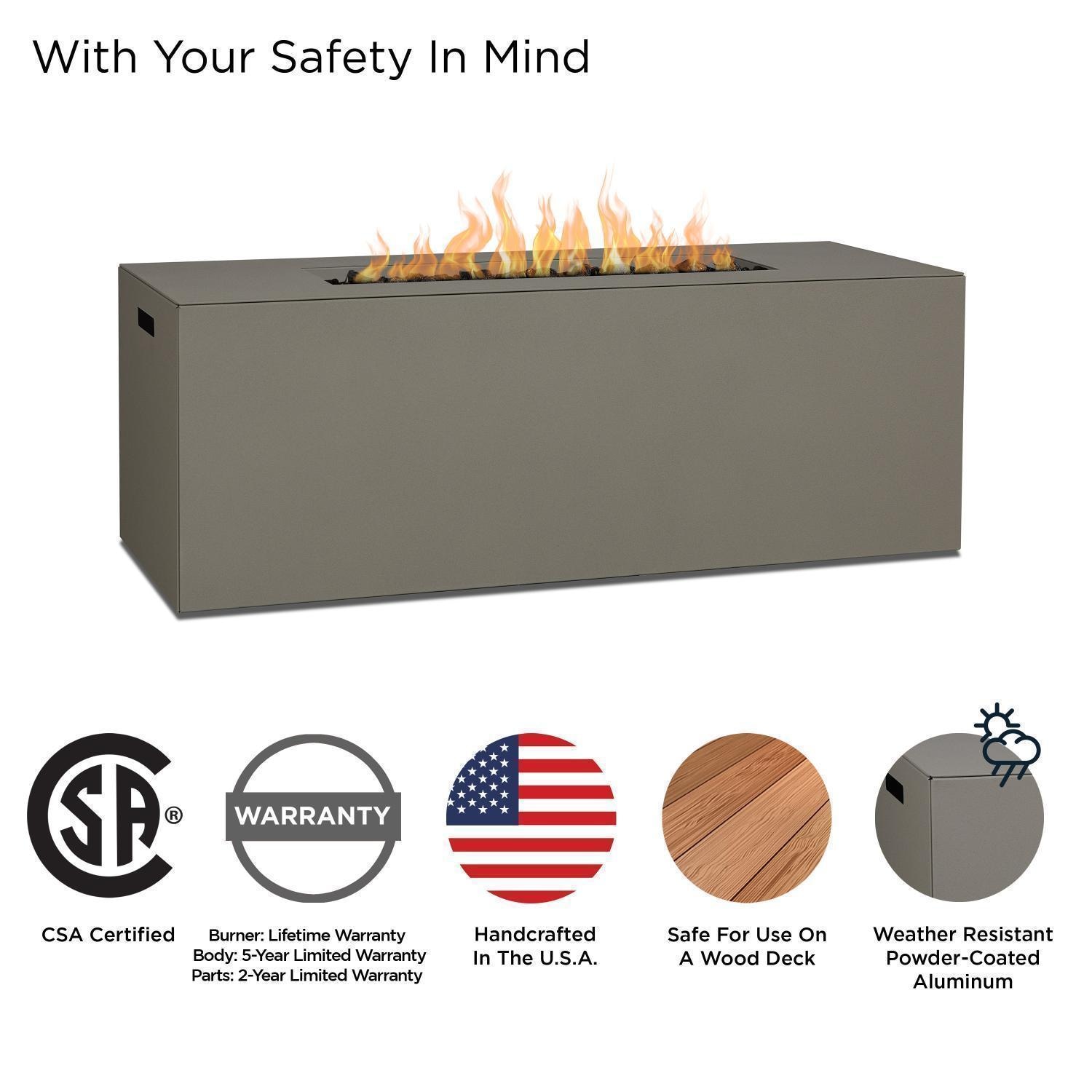 Covewood 58 Inch Rectangular Aluminum Natural Gas Fire Pit in Cloud Gray by BBQGuys Signature (Ships Propane w/ Conversion Kit) - Safety - Detail thumbnail