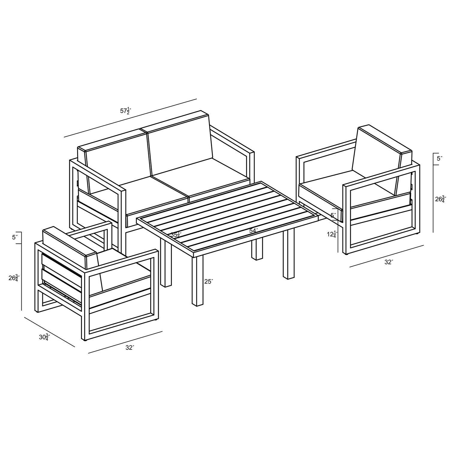 Misty Cove 4 Piece Seating Set in Slate w/Chat Table & Cast Lagoon Cushions by Lakeview - Dimensional thumbnail