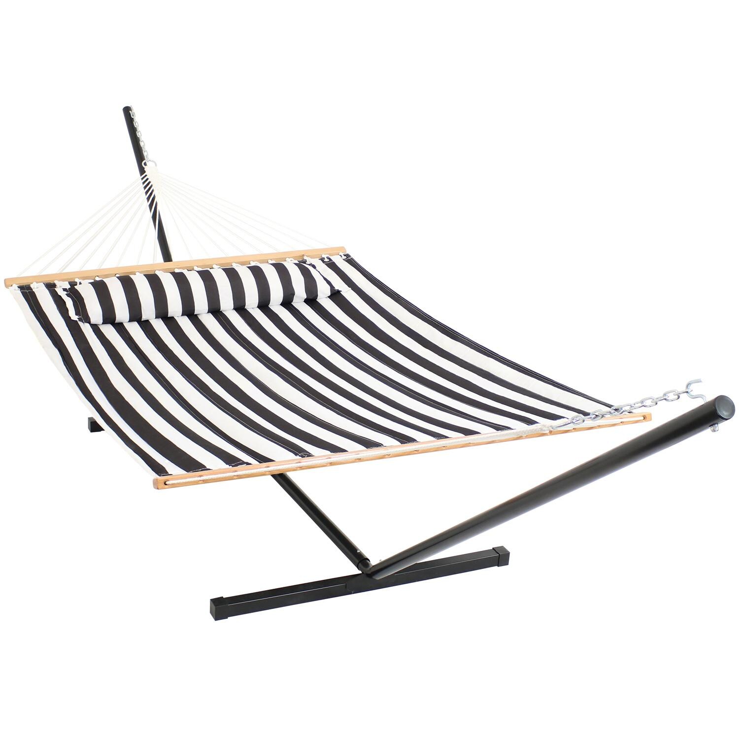 Sunnydaze Decor Quilted Double Hammock & Pillow w/ 12-Foot Black Stand - Black and White Stripe - LY-QFH-BLK-COMBO image