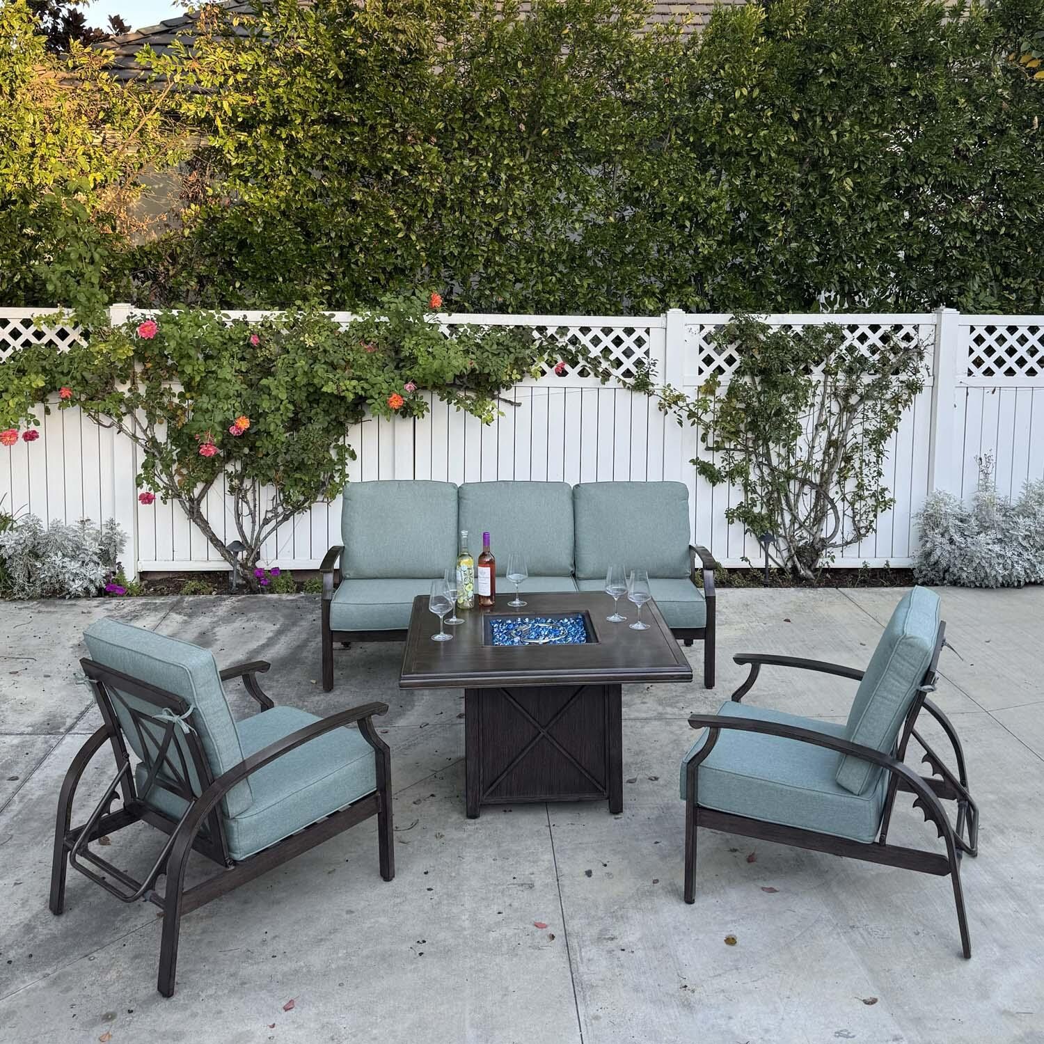 Atlantis 4 Pc Aluminum Seating Set w/ Square Fire Pit Chat Table in Walnut/Spa by Darlee