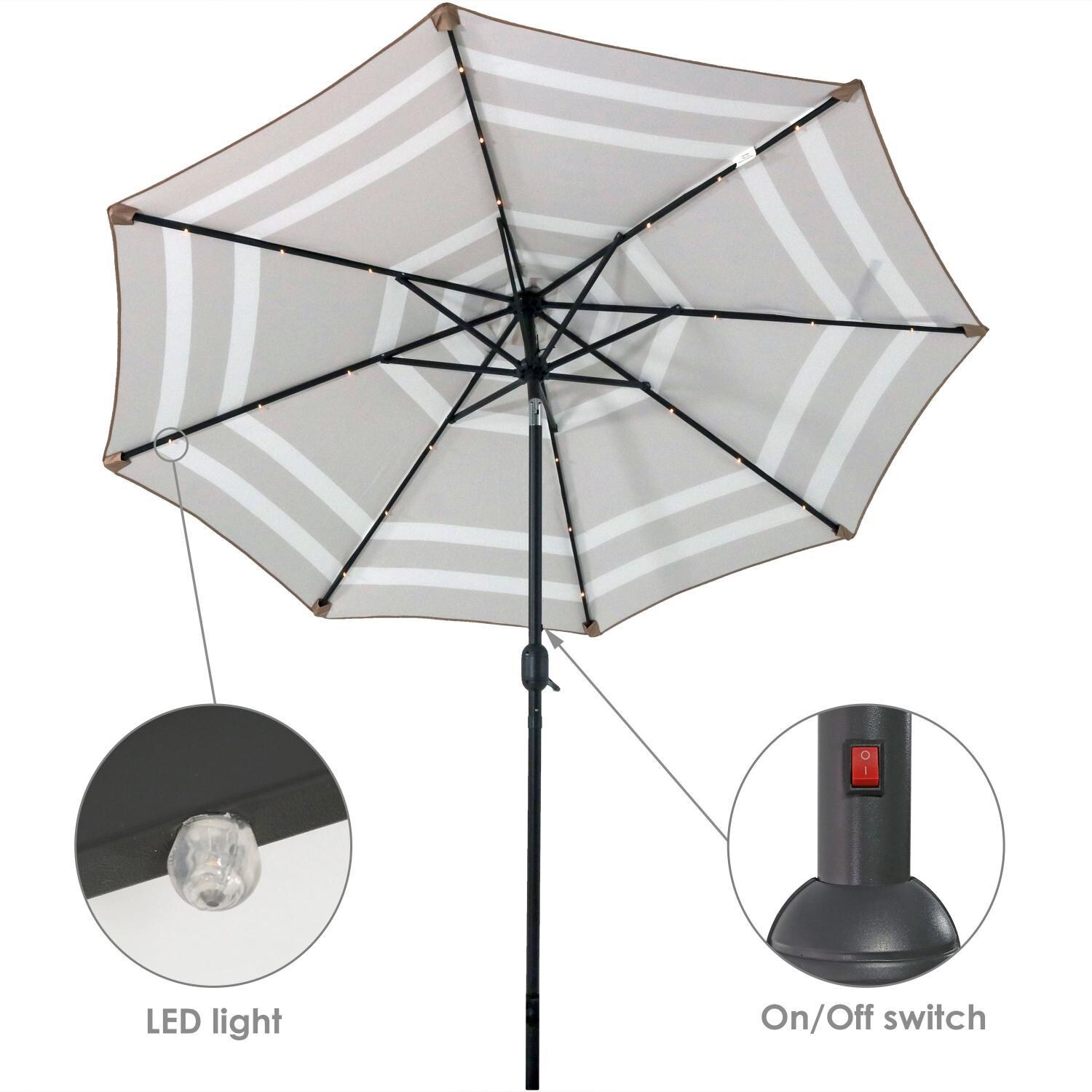 Ultimate Patio 9 Ft. Solar Lighted Octagonal Patio Umbrella W/ Crank Lift - Beige Stripe Canopy - LED Light & Light Switch thumbnail