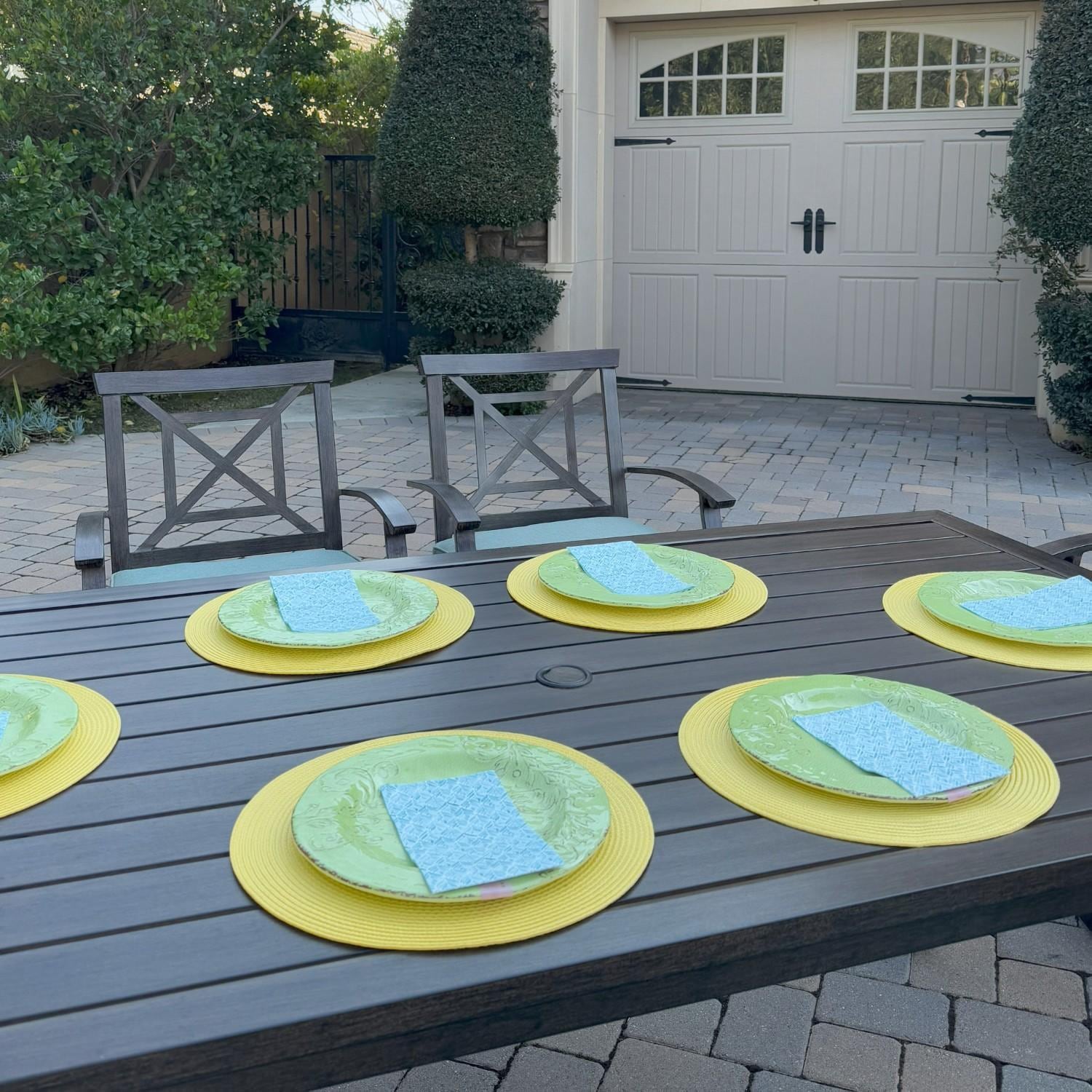 Atlantis 6 Pc Aluminum Dining Set w/ 4 Swivel Rocker Dining Arm Chairs & Two Person Bench in Walnut/Spa by Darlee - Table Close Up - Lifestyle thumbnail