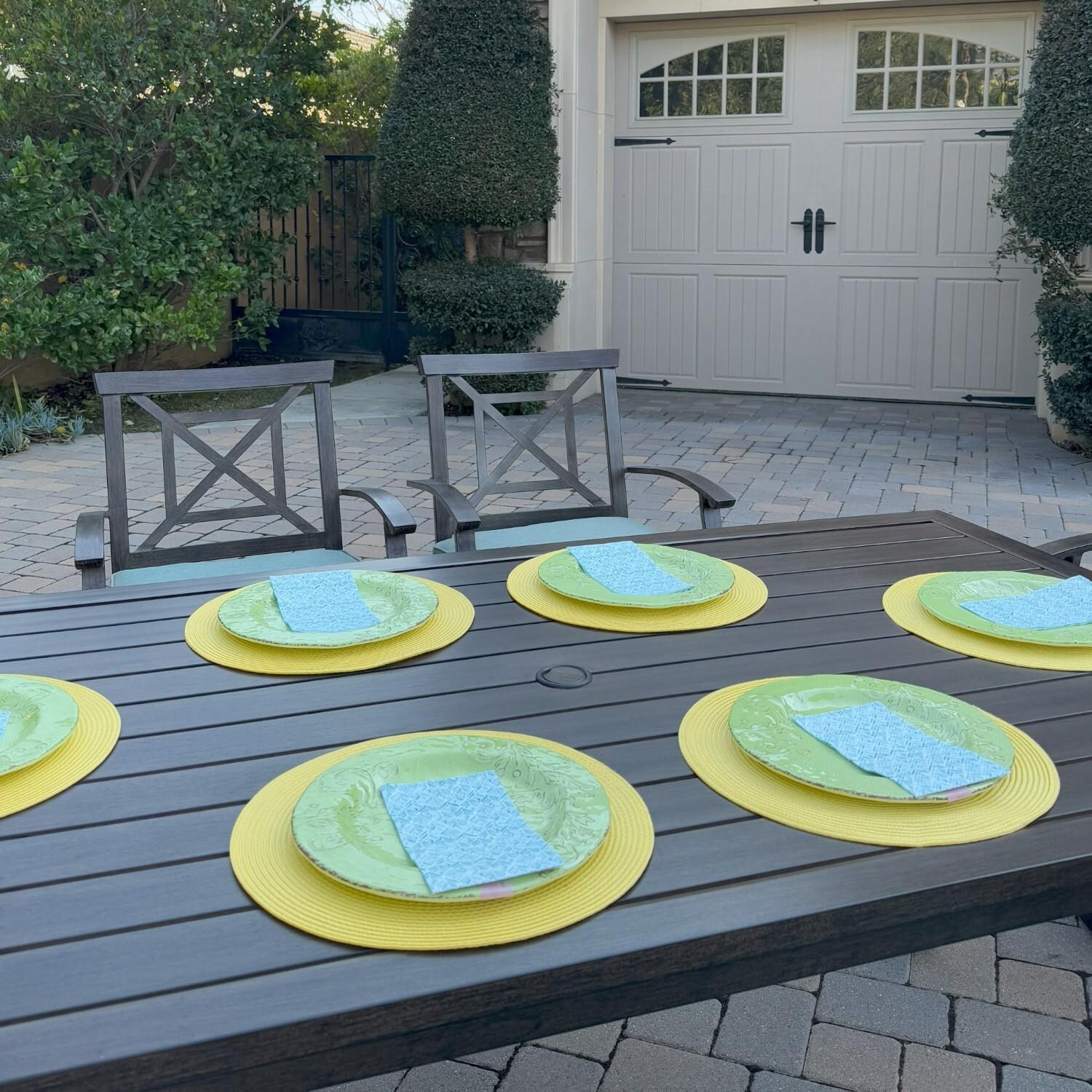 Atlantis 6 Pc Aluminum Dining Set w/ 4 Swivel Rocker Dining Arm Chairs & Two Person Bench in Walnut/Spa by Darlee - Table Close Up - Lifestyle thumbnail