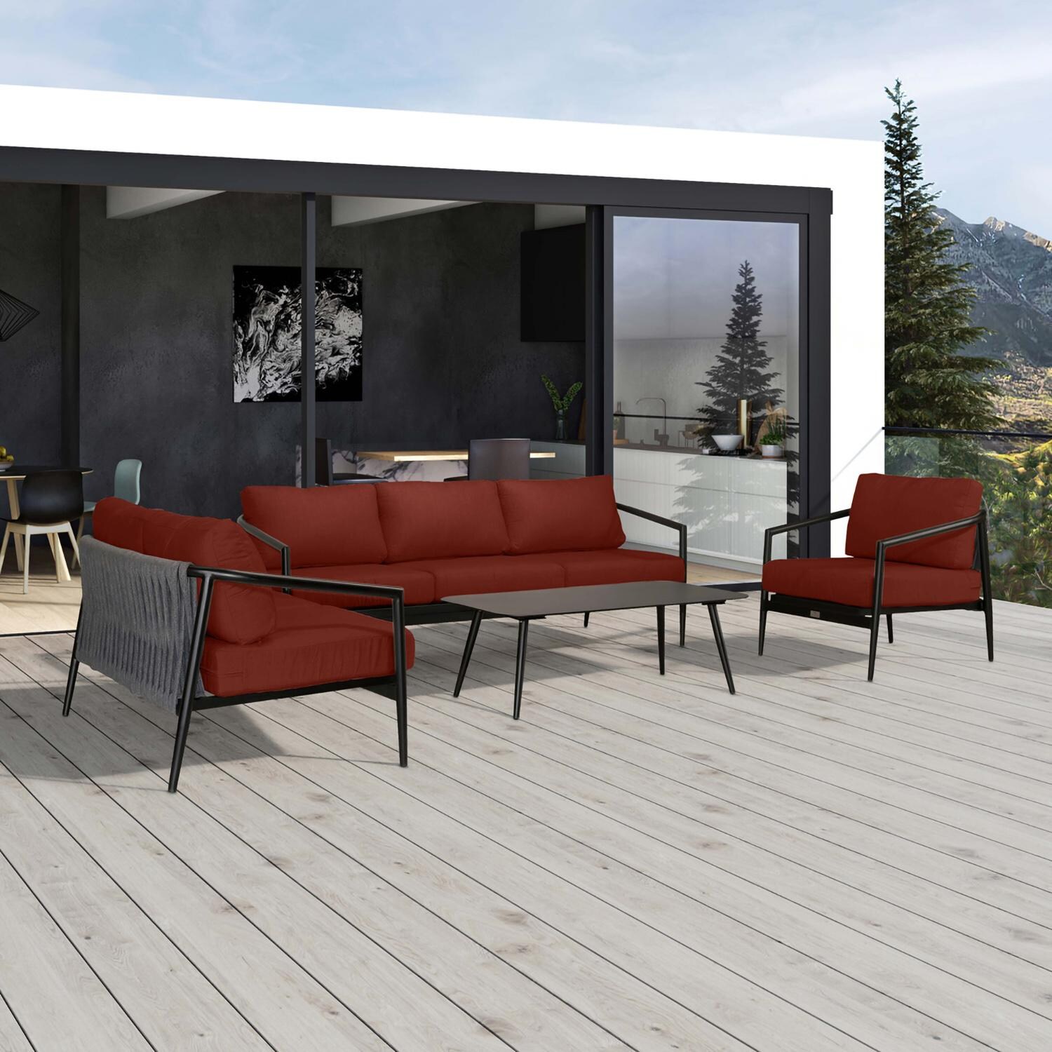 Lakeview Midnight Cove 4 Pc Aluminum Sofa Loveseat Seating Set in Black/Carbon/Canvas Henna - Detail - Lifestyle thumbnail