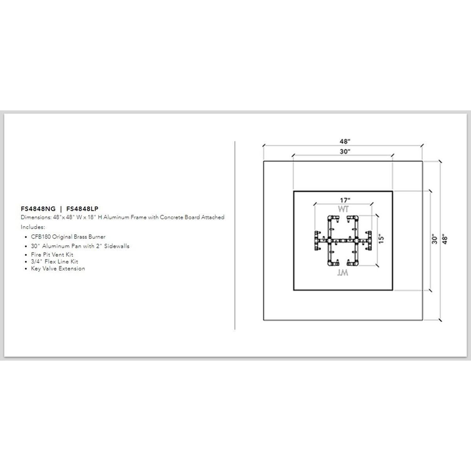 Warming Trends FS4848 Square 48 Inch Natural Gas Ready To Finish Fire Pit Kit - Measurements thumbnail
