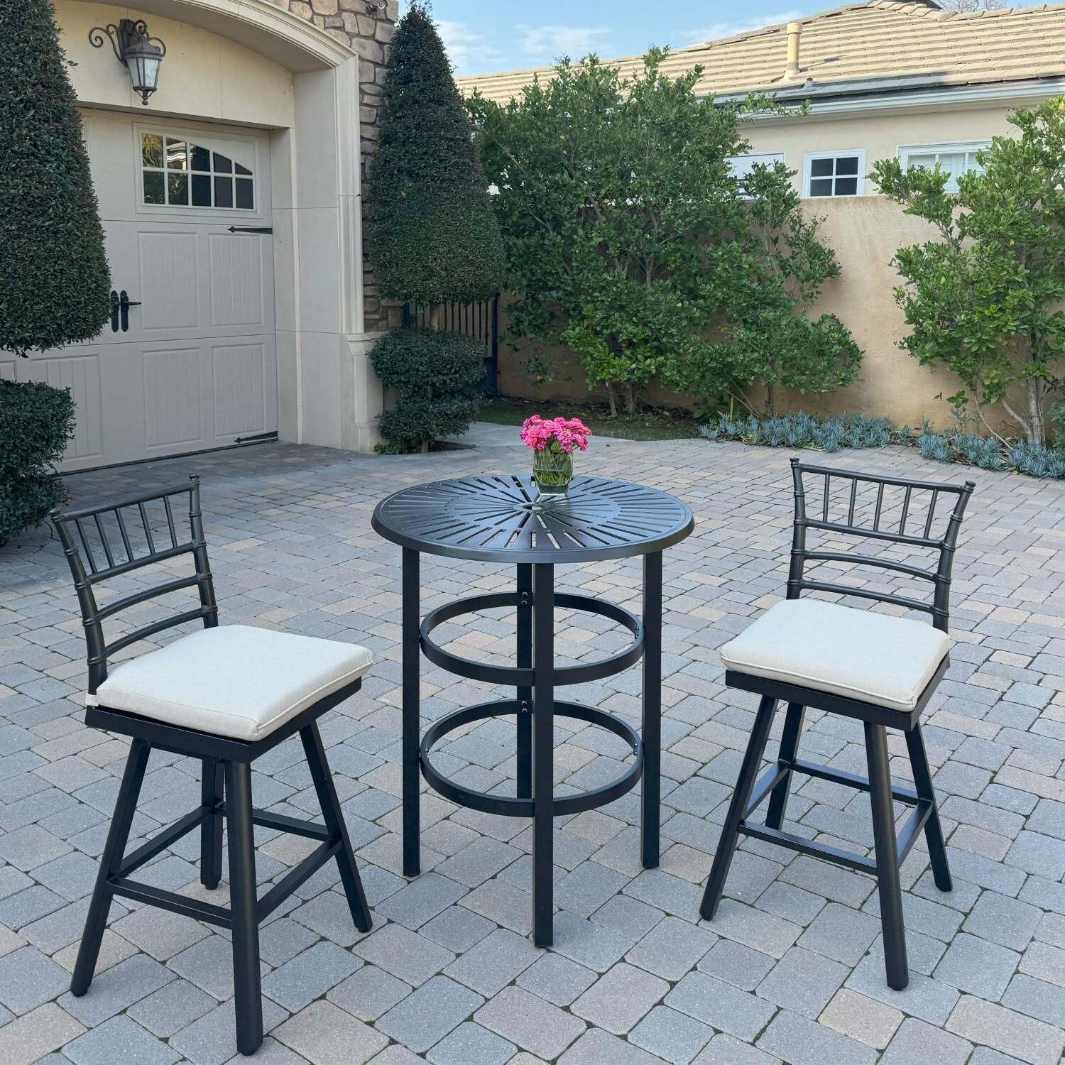 Bella 2 Pc Aluminum Swivel Counter Height Bar Stool Set in Beige/Dark Brown by Darlee - Shown w/ Table (Not Included) - Lifestyle thumbnail