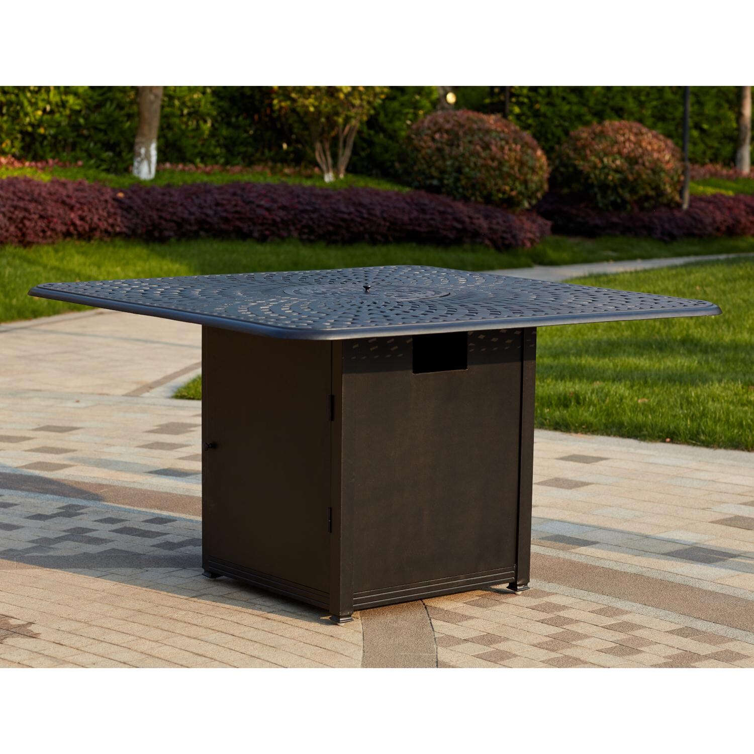 Darlee 201630-9PC-60GHW Ocean View 9 Piece Cast Aluminum Patio Counter Height Fire Pit Bar Set W/ 64 Inch Square Table & Sesame Cushions - Fire Pit Table thumbnail