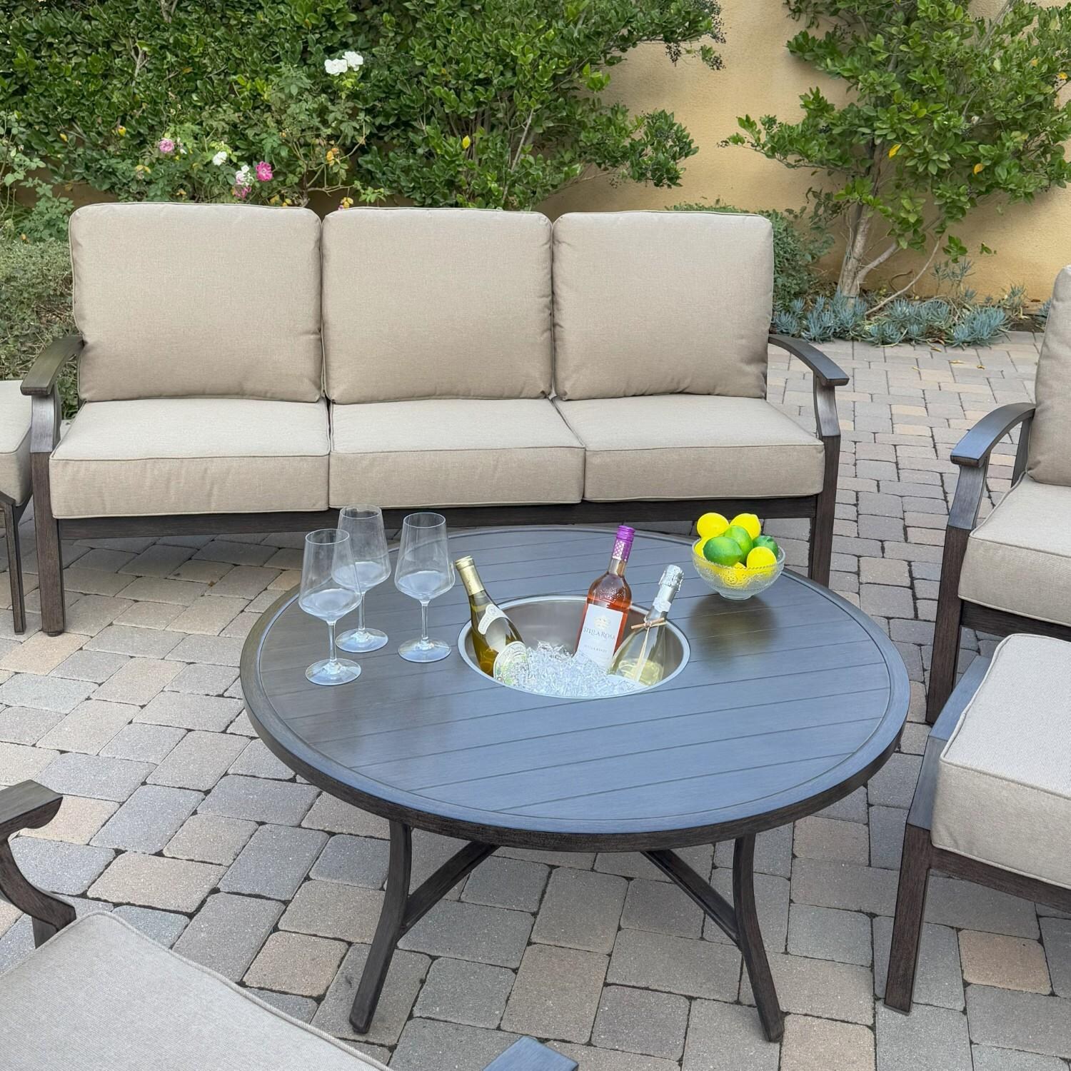 Atlantis 6 Pc Aluminum Seating Set w/ Sofa, 2 Club Chairs, 2 Ottomans & Ice Bucket in Walnut/Beige by Darlee - Sofa & Table - Lifestyle thumbnail