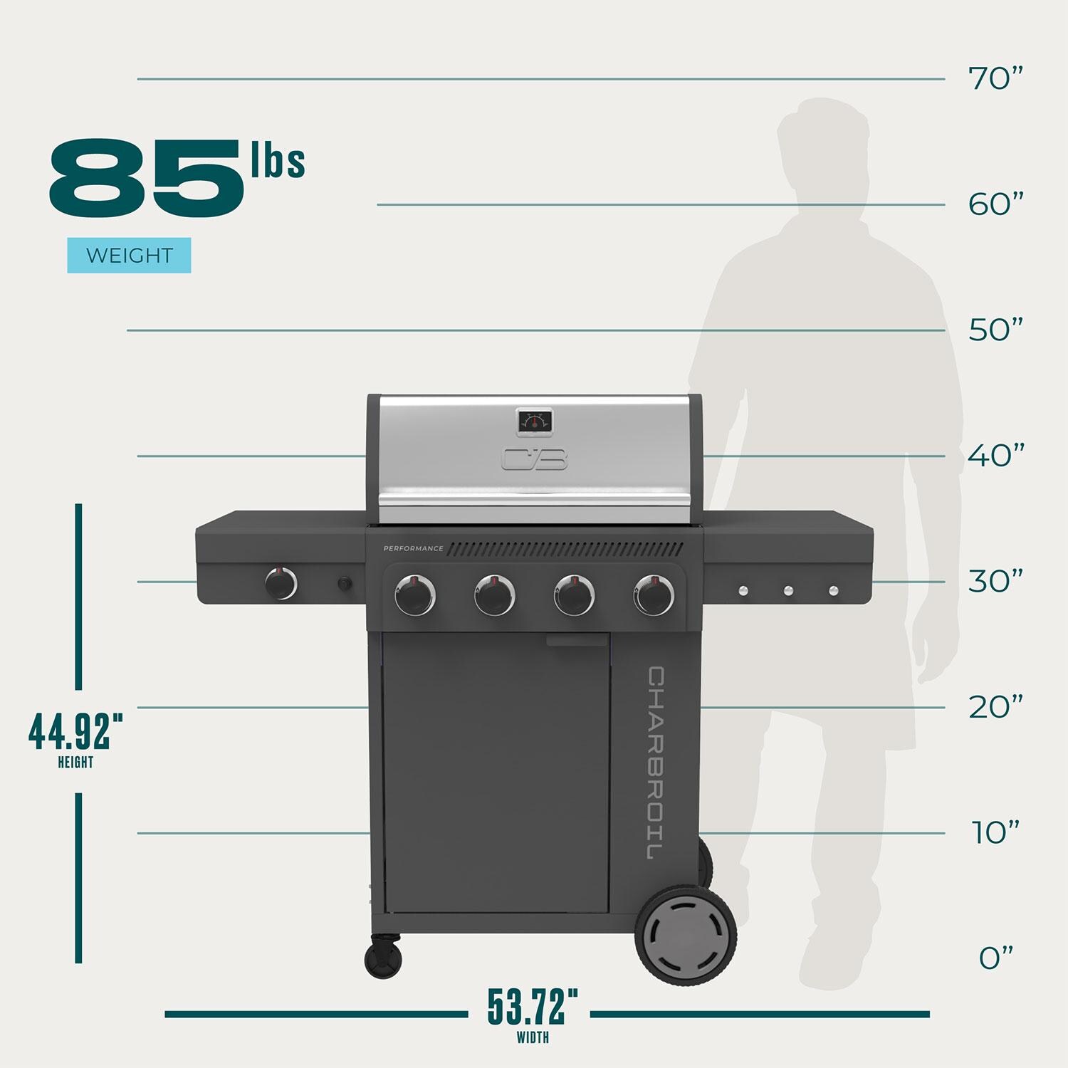 Charbroil 463348625 Performance Series 4-Burner Propane Grill Cabinet W/ Side Burner - Grey - Dimensional thumbnail