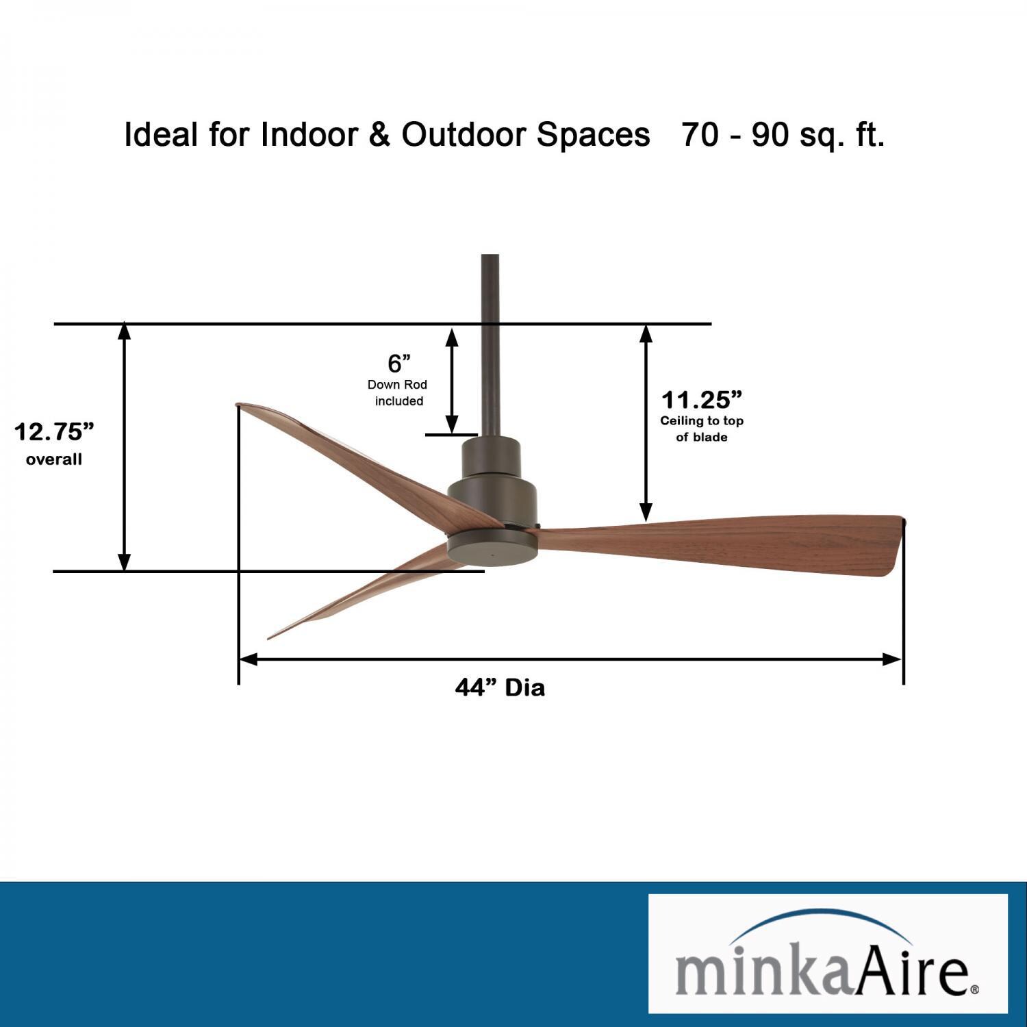 Minka-Aire F786-ORB Simple 44-Inch 3-Blade Ceiling Fan in Oil Rubbed Bronze Finish w/ - Medium Maple - Blades - Dimensions thumbnail
