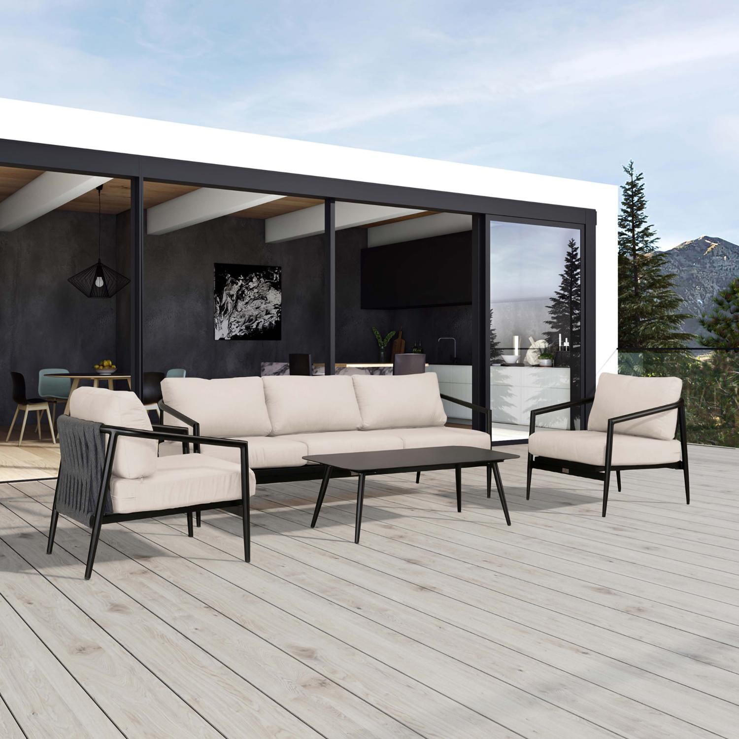 Lakeview Midnight Cove 4 Pc Aluminum Sofa Seating Set in Black/Carbon/Cast Silver - Detail - Lifestyle thumbnail