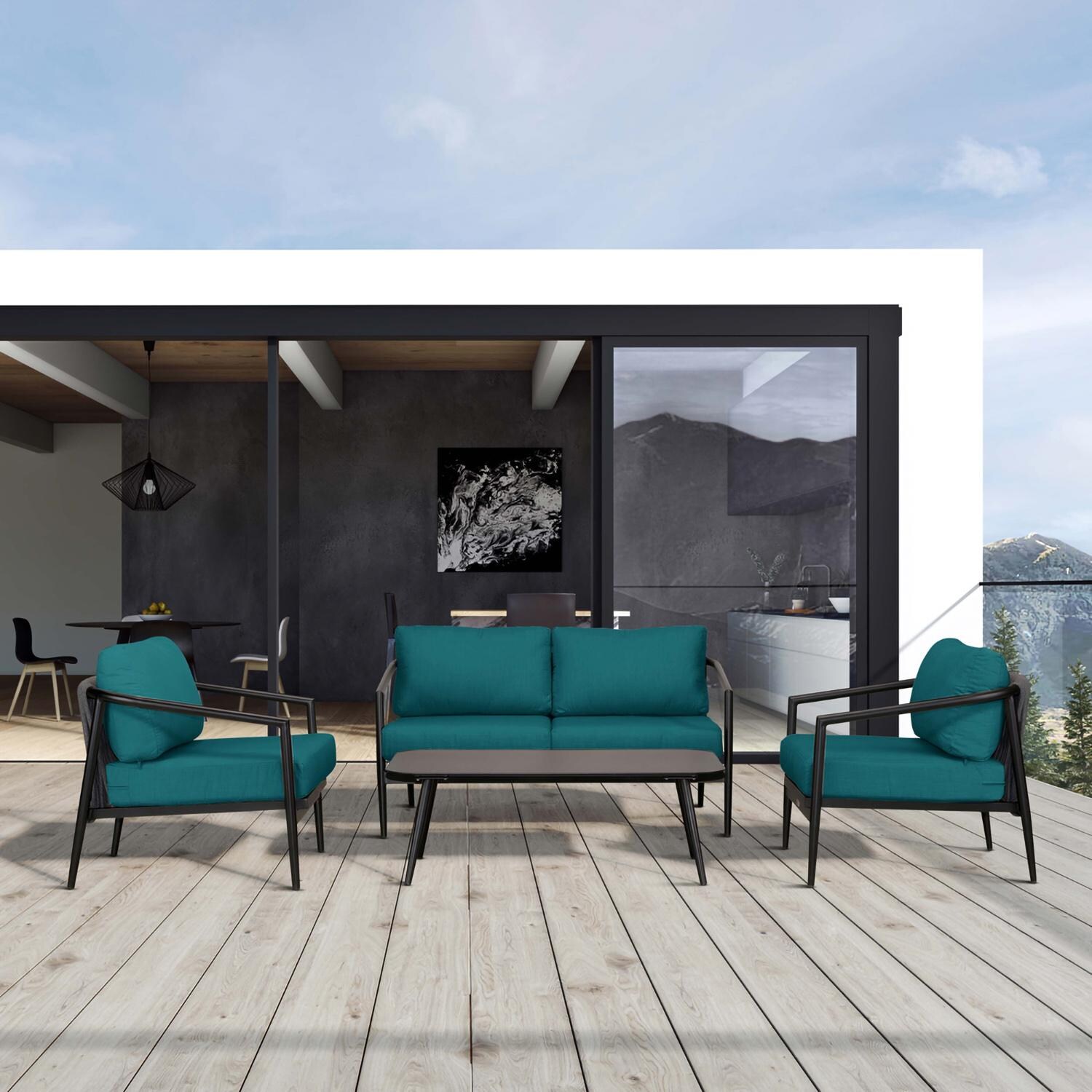 Midnight Cove 4 Pc Aluminum Seating Set w/ Loveseat in Black/Spectrum Peacock by Lakeview Outdoor Designs