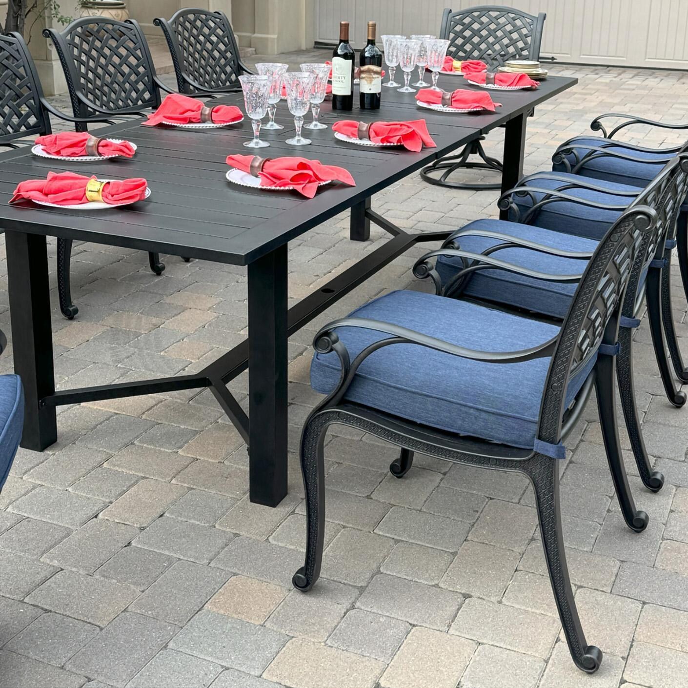 Darlee B/DL13-11PCDR-2350LE-N Nassau 11 Pc Cast Aluminum Dining Set w/ Rocker in Antique Bronze w/ Navy Cushions - Table Setting - Lifestyle thumbnail