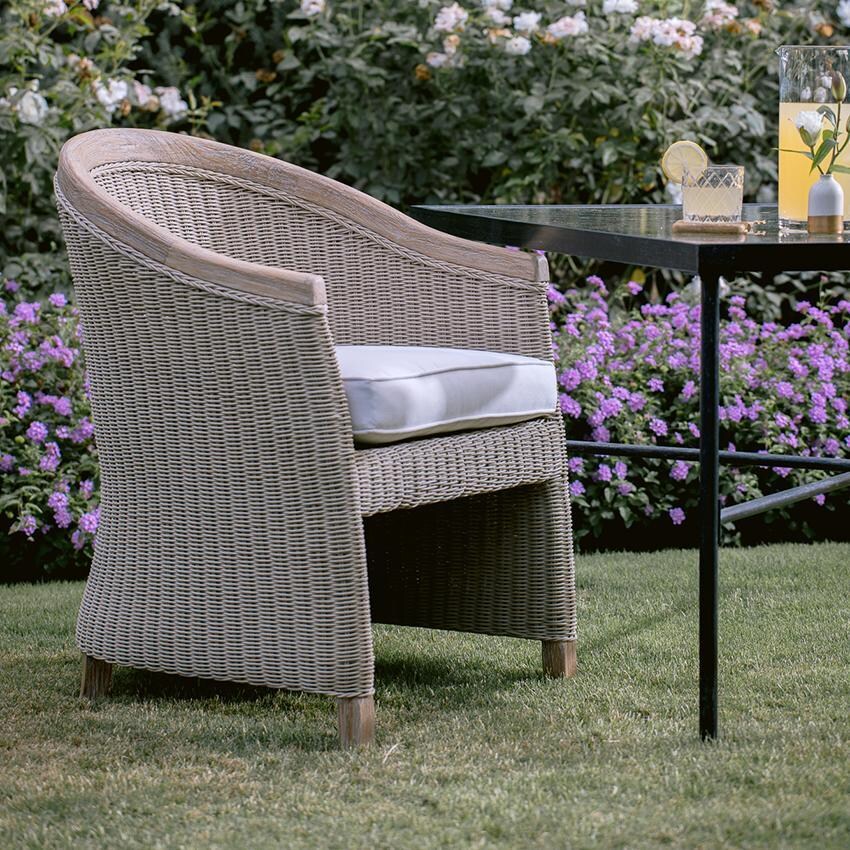Cambria Teak Dining Arm Chair in Light Wood/Canvas Canvas by Sunset West - Shown in Garden - Lifestyle thumbnail