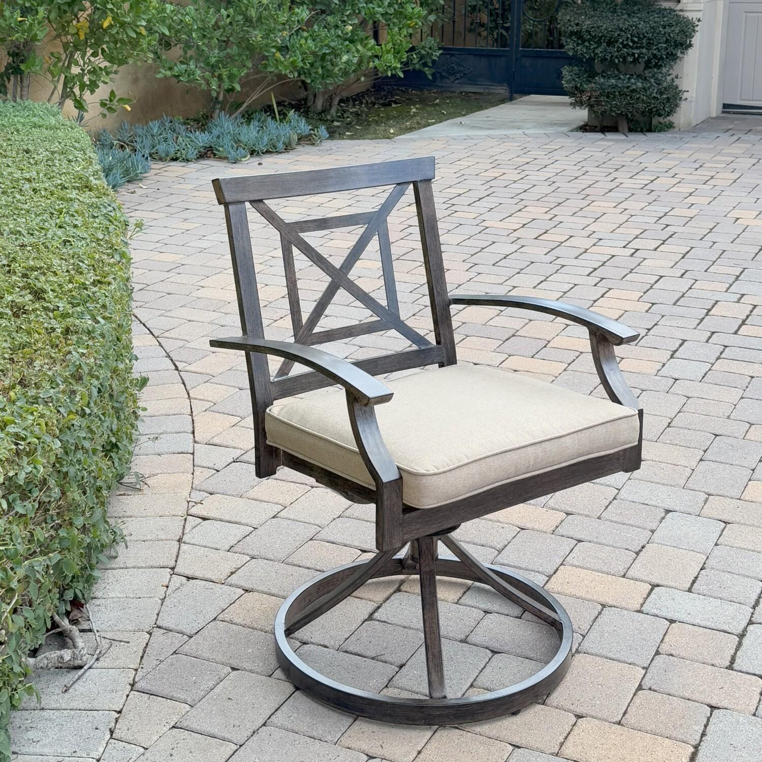 Atlantis 9 Pc Aluminum Dining Set w/ 4 Dining Side Chairs, 2 Swivel Rocker Dining Arm Chairs, 2 Two Person Benches & Extension Table in Walnut/Beige by Darlee - Chair - Lifestyle thumbnail