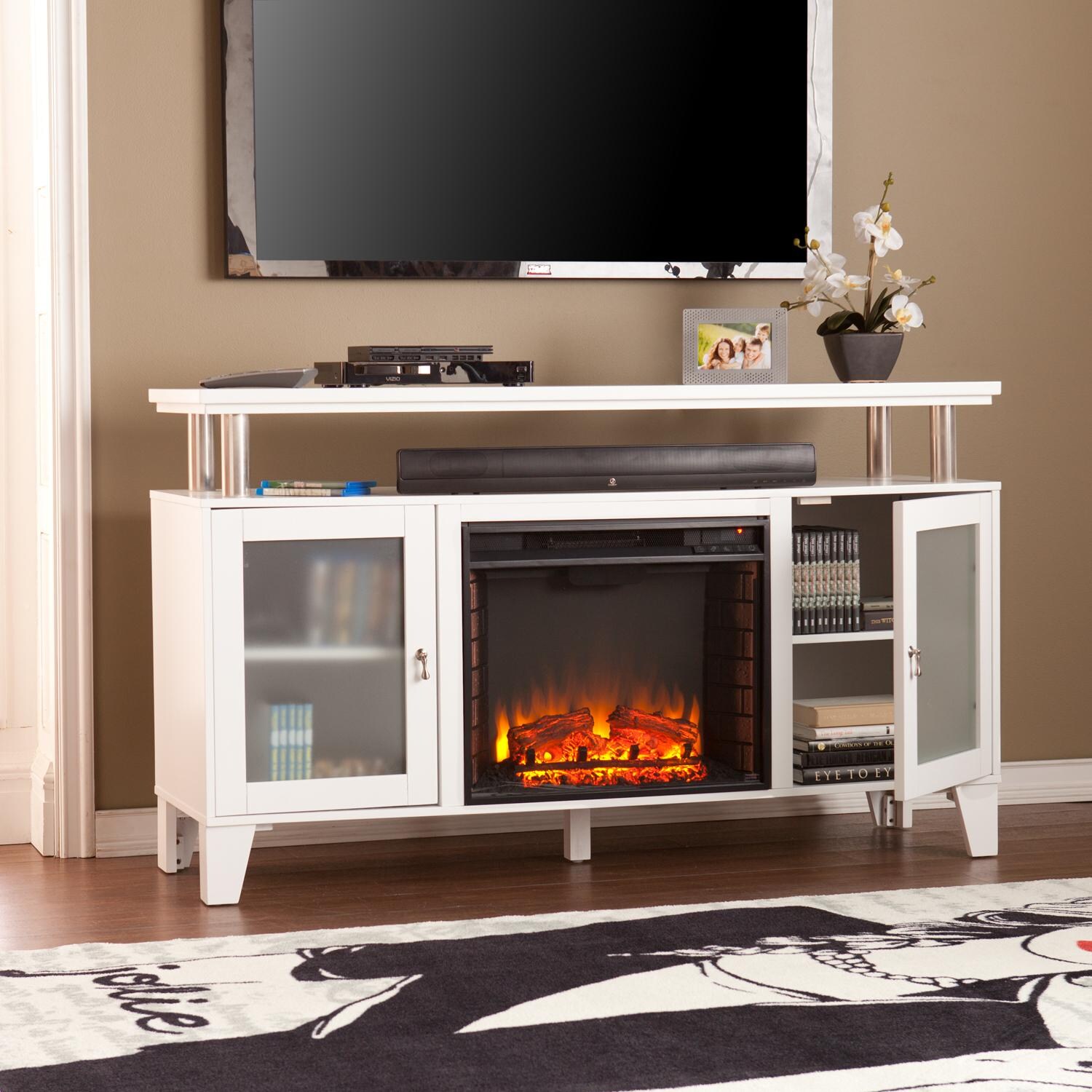 Southern Enterprises Cabrini 60-Inch Electric Fireplace Media Console - White - Open Cabinet thumbnail