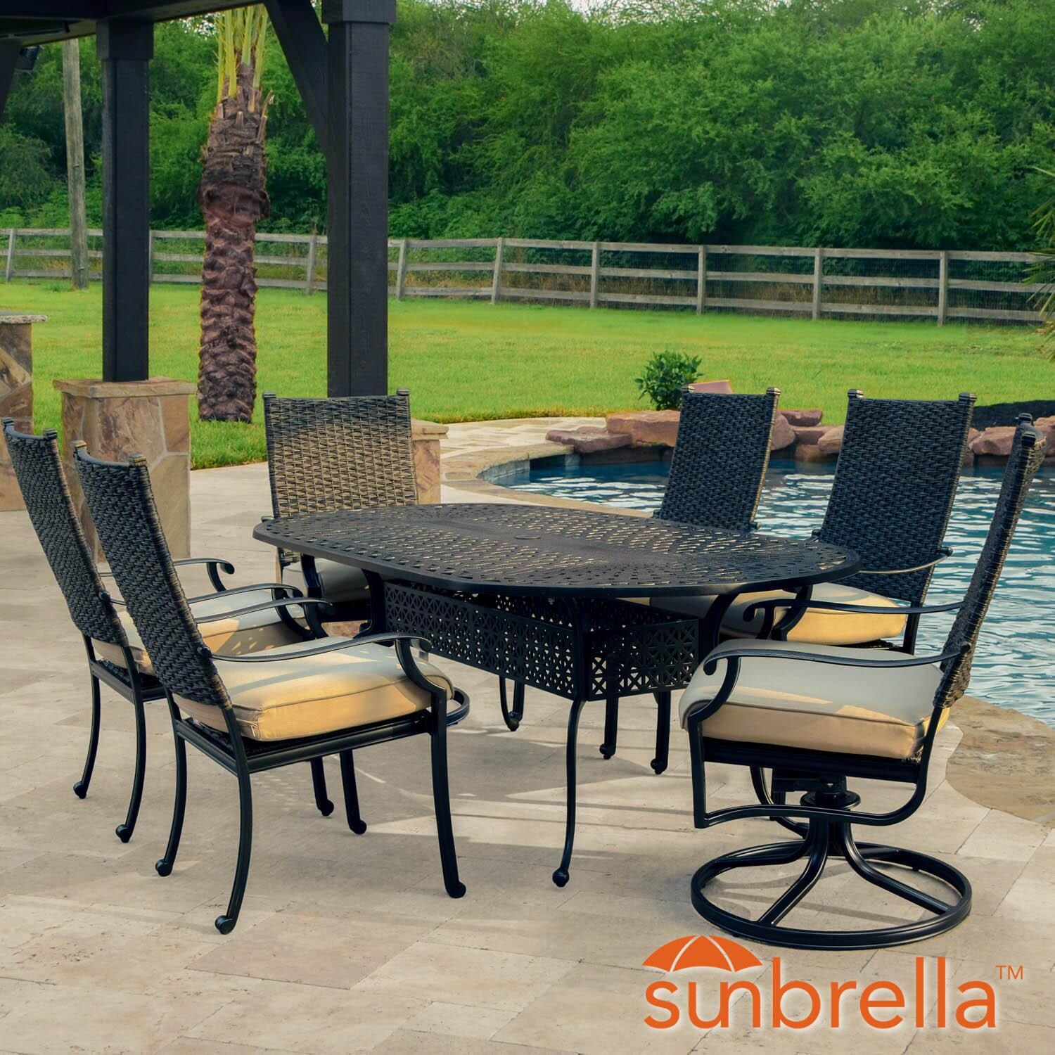Carondelet 7 Piece Wicker Patio Dining Set W/ 84 Inch Oval Patio Dining Table, 2 Swivel Rockers & Sunbrella Spectrum Sand Cushions By Lakeview Outdoor Designs
