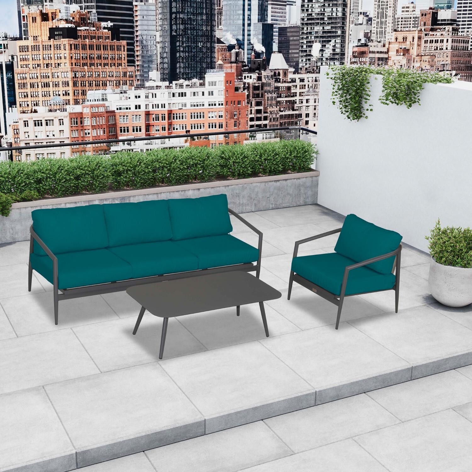 Lakeview Midnight Cove 3 Pc Aluminum Sofa Seating Set in Slate/Pebble Gray/Spectrum Peacock - Top - Lifestyle thumbnail