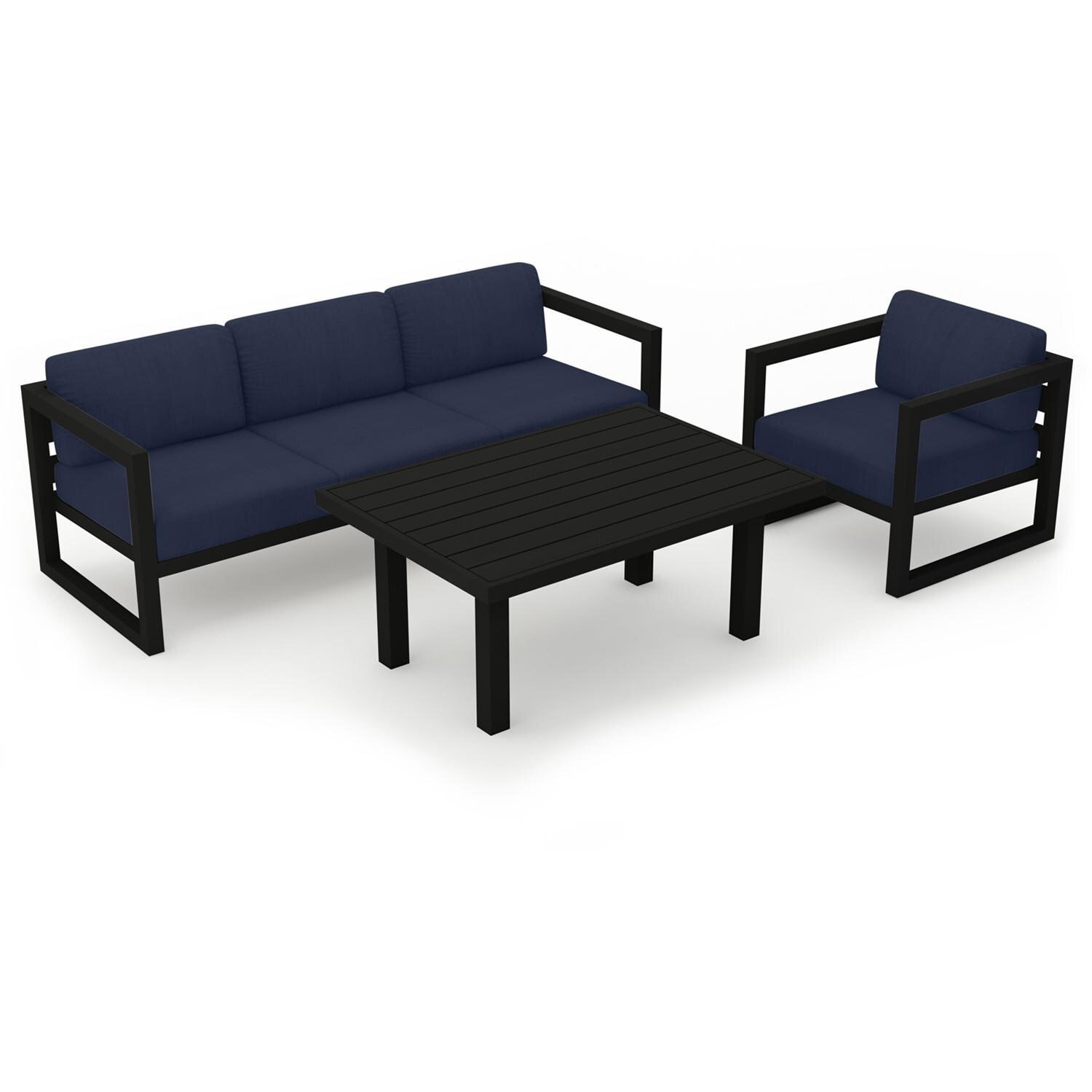 Lakeview MSTYCV-BK-SET138-IN Misty Cove 3 Pc Aluminum Seating Set in Black w/Chat Table & Spectrum Indigo Cushions by Lakeview Outdoor Designs - Set Angled View - White Background thumbnail