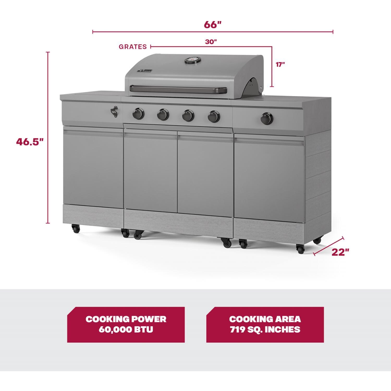 TYTUS Fresno Series 5-Burner Propane Island Grill in Gunmetal + Carbon Wood w/ Cover & Griddle - Measurements - Dimensional thumbnail
