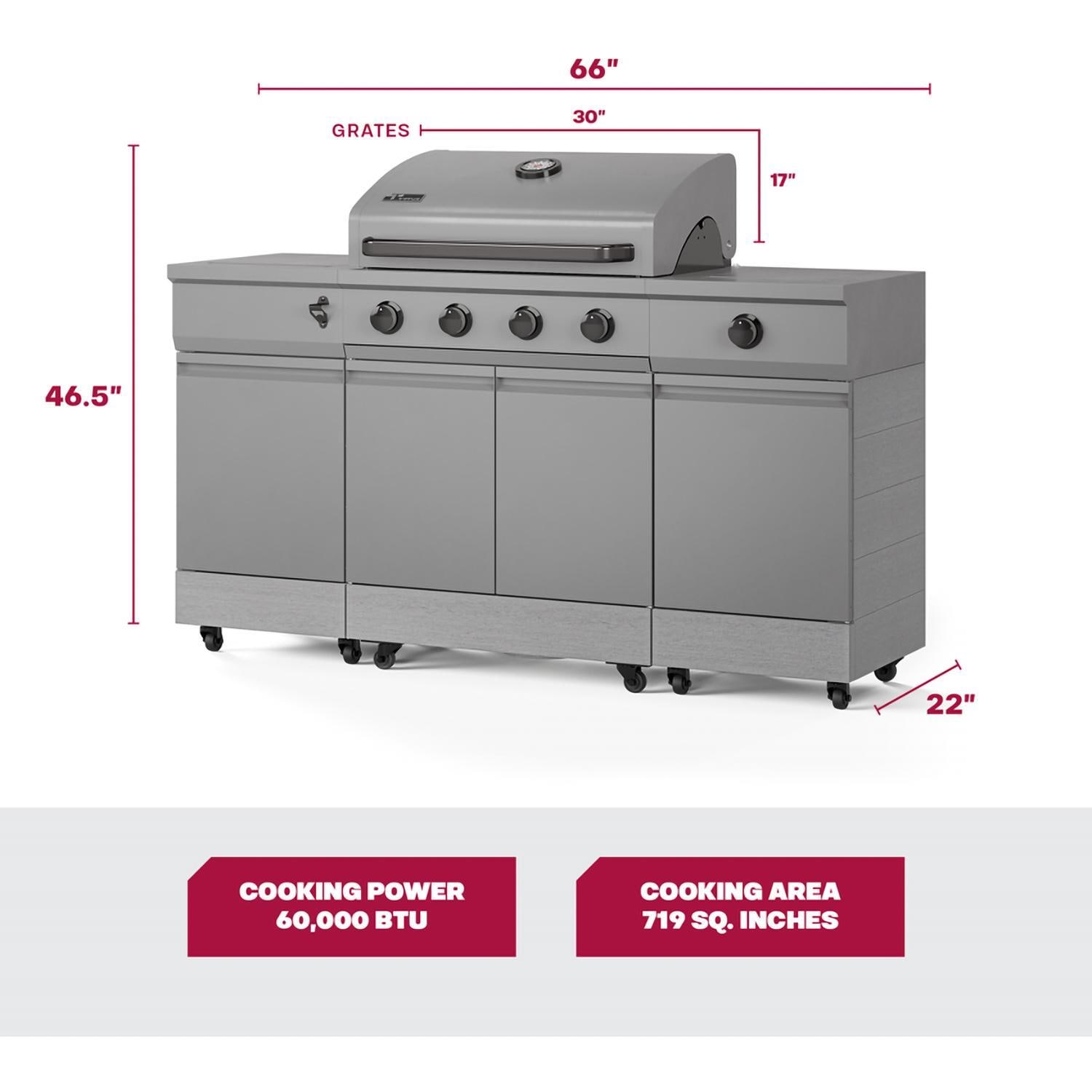 TYTUS Fresno Series 5-Burner Propane Island Grill in Gunmetal + Carbon Wood w/ Cover & Griddle - Measurements - Dimensional thumbnail