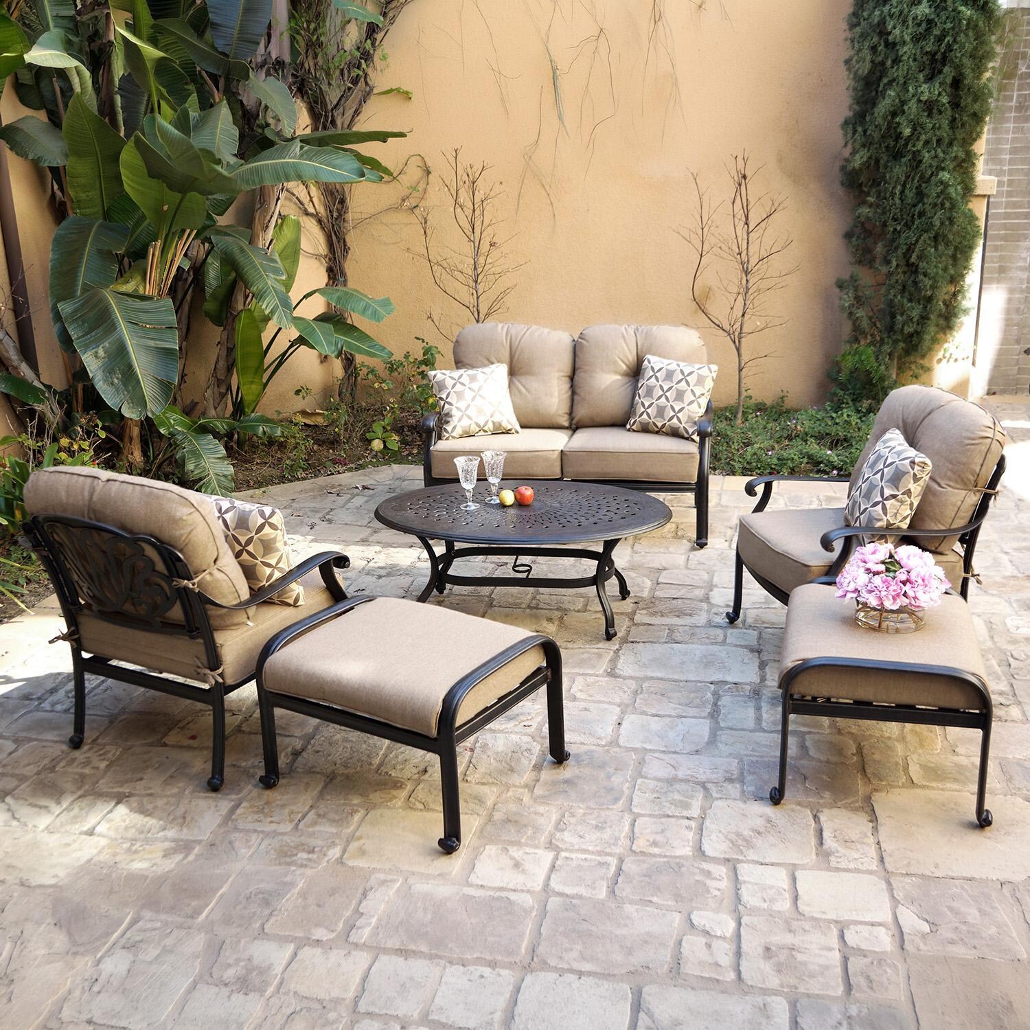 Darlee Elisabeth 6 Pc Cast Aluminum Loveseat Seating Set w/ 46 X 31 Inch Oval Table & Throw Pillows in Antique Bronze/Beige - Set - Lifestyle thumbnail