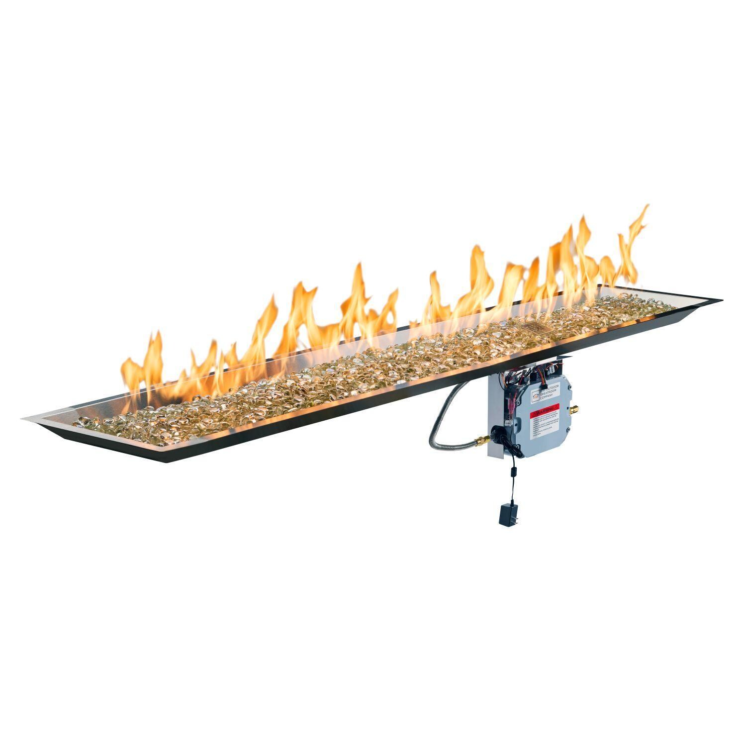 The Outdoor GreatRoom Company CFP1296DSILP-B Crystal Fire Plus 96-in Linear Electronic Ignition Propane Gas Fire Pit Burner Kit - On - White Background thumbnail