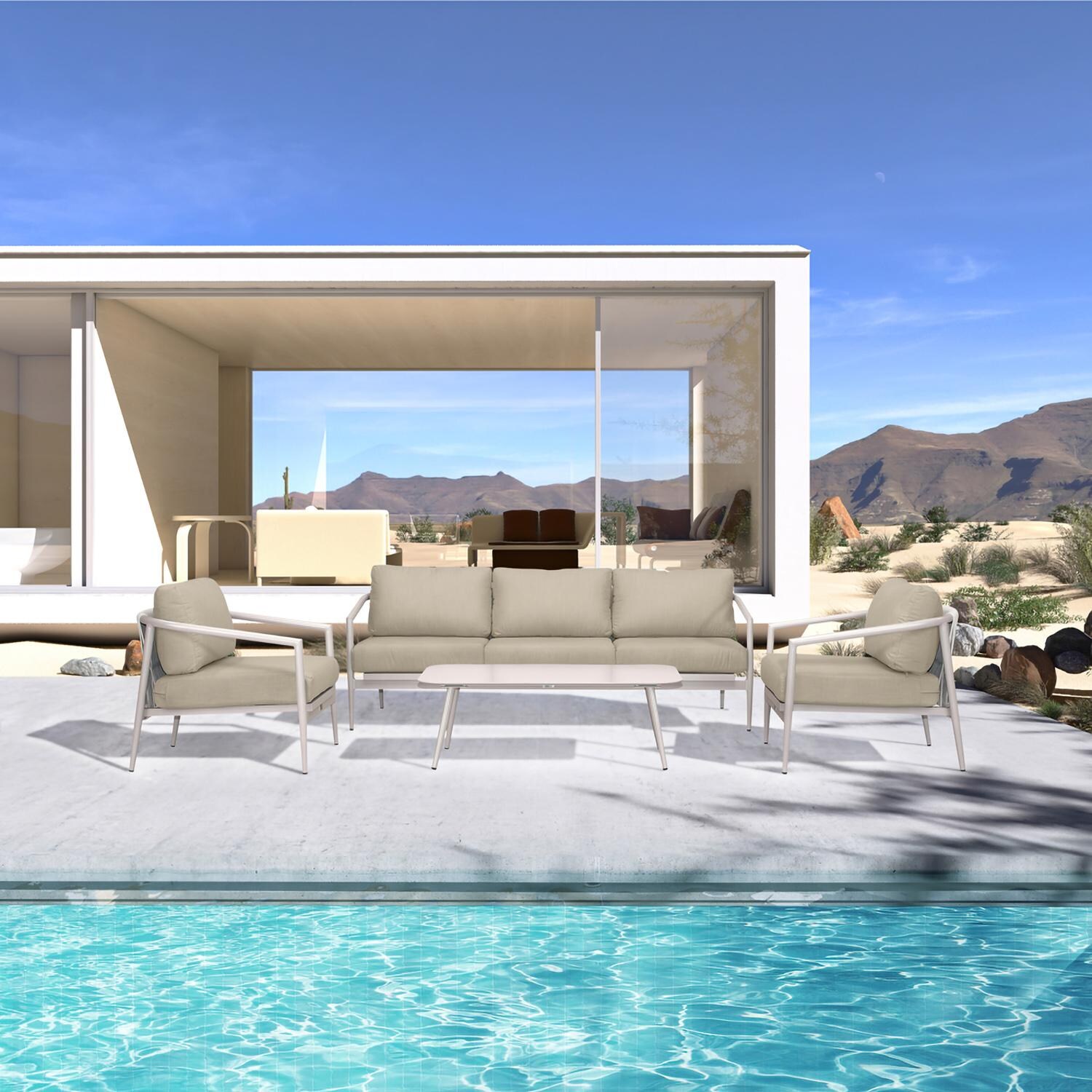 Lakeview Midnight Cove 4 Pc Aluminum Sofa Seating Set in Urban Stone/Carrera/Canvas Flax - Lifestyle thumbnail