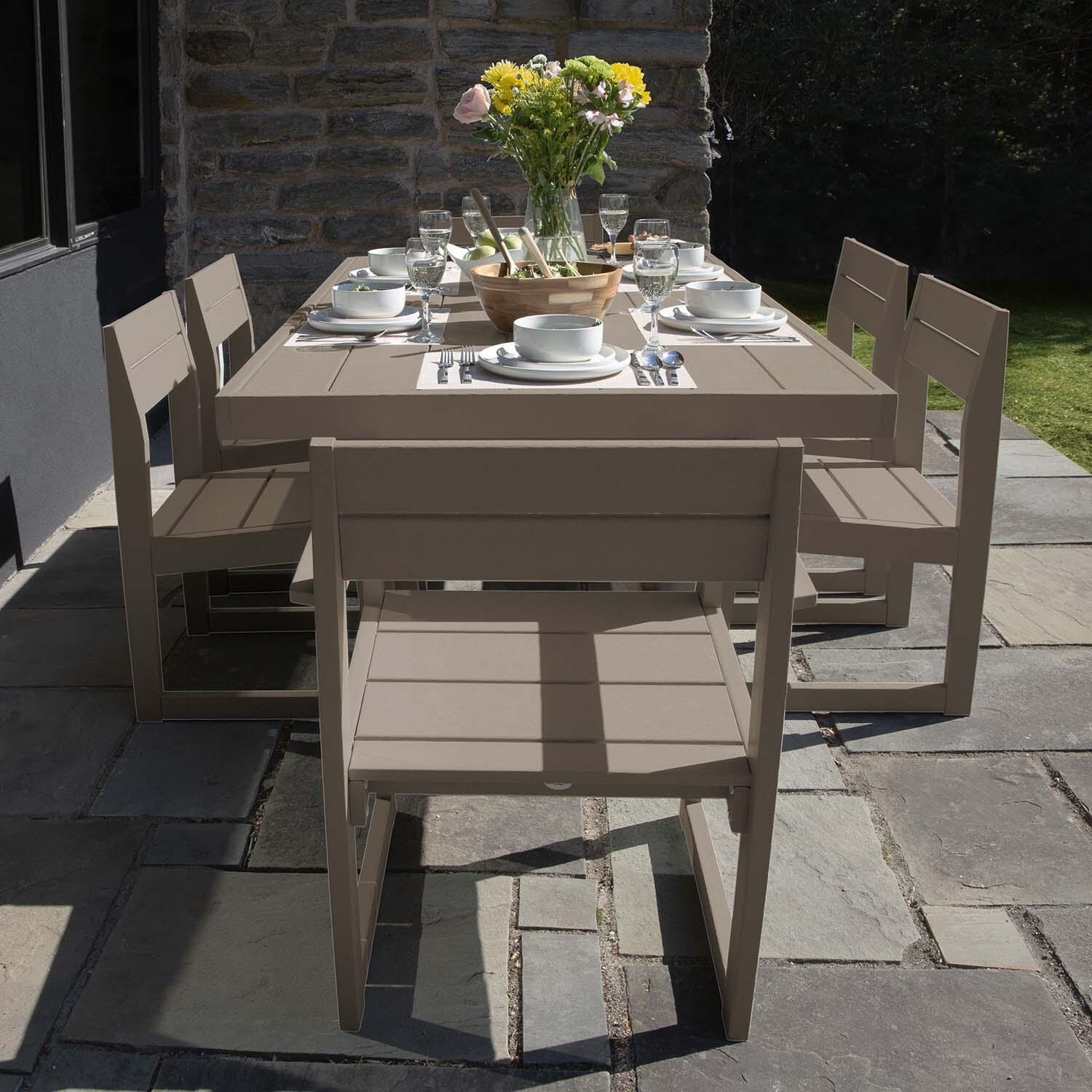Hazel Cove 7 Pc Recycled Plastic Dining Set in Cabana Tan by Lakeview Outdoor Designs - End View - Lifestyle thumbnail