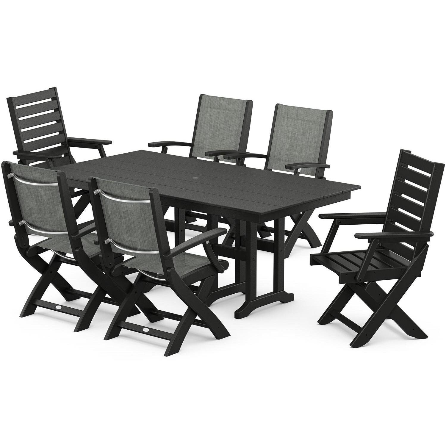 POLYWOOD PWS2533-1-BL921 Creekside Polywood 7-Piece Farmhouse Dining Set Birch Sling Chairs in Black - Set - White Background thumbnail