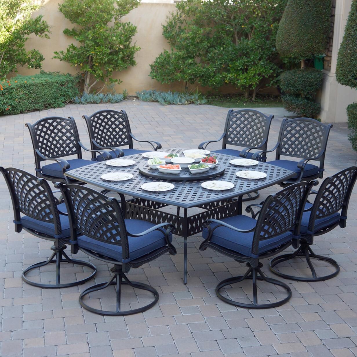 Darlee B/DL13-10PCAR-30W3930-N Nassau 10 Pc Cast Aluminum Dining Set in Antique Bronze w/ Navy Cushions - Set - Lifestyle thumbnail