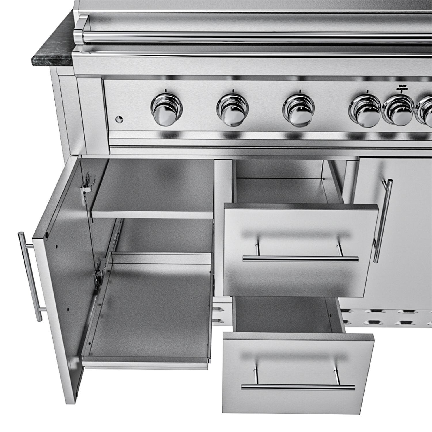 Sunstone Grills SCPFRENCHQUARTER13.7-NG French Quarter 13 1/2 Ft Outdoor Kitchen Island w/ Natural Gas Grill & Sink, Refrigerator, Door & Drawer - Under Grill Storage Left - Detail thumbnail