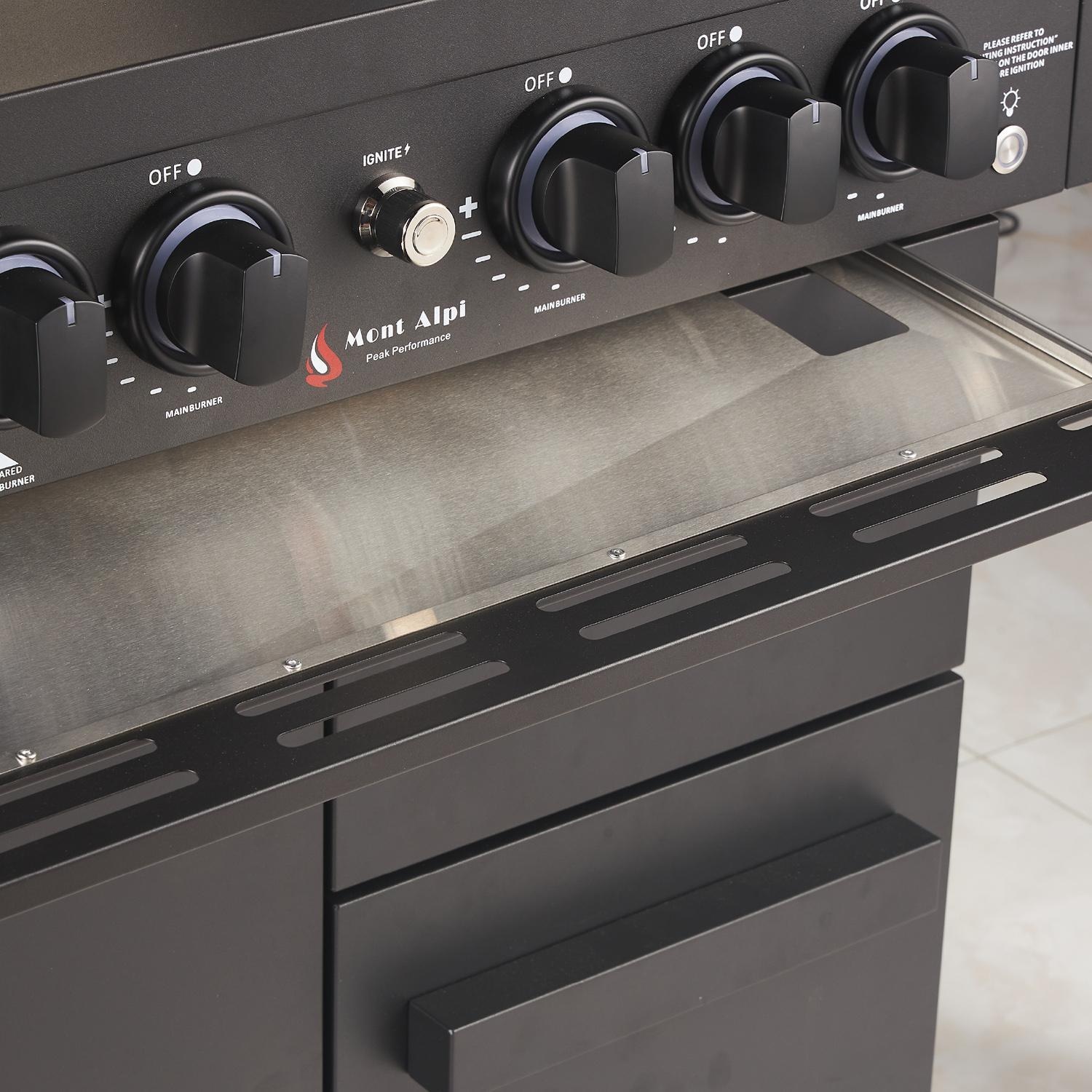 Mont Alpi MA-988 Performance Black Series 4 Burner Propane Grill - Knobs & Grease Pan - Detail thumbnail