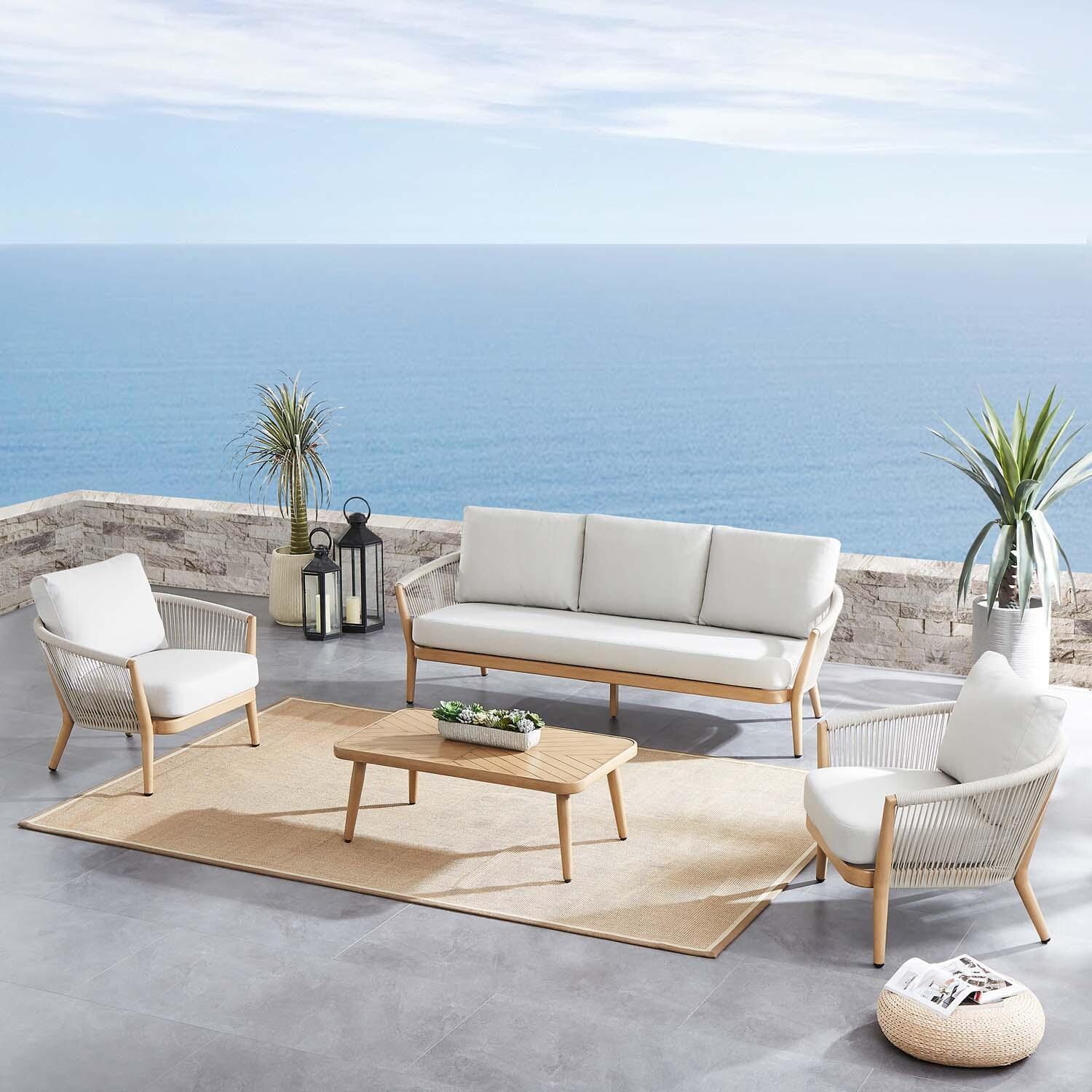 Turin 4 Pc Aluminum Seating Set W/ Beige Cushions in Wood By Lakeview Outdoor Designs - Angled - Lifestyle thumbnail