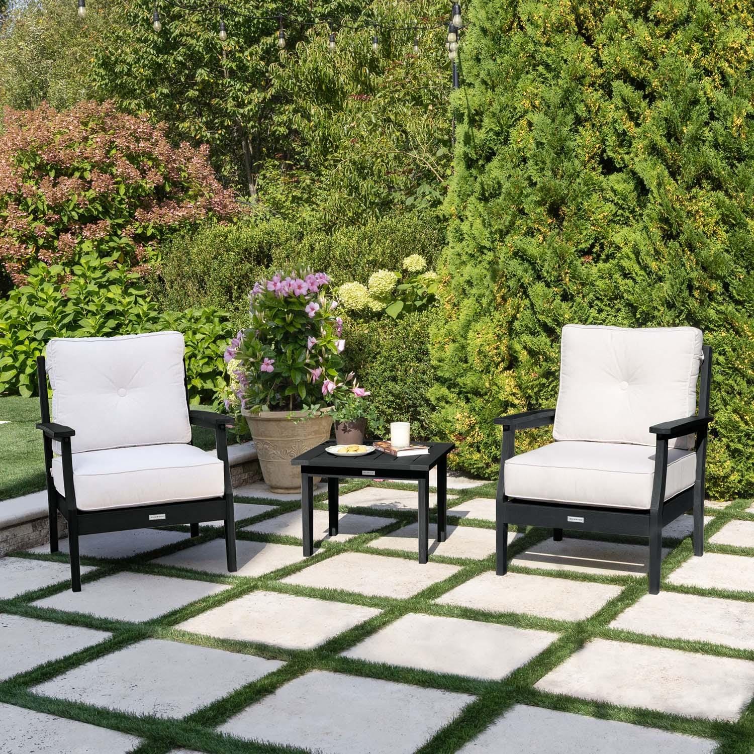 Blushing Bay 3 Pc Recycled Plastic Seating Set in Bliss Linen/Black by Lakeview Outdoor Designs